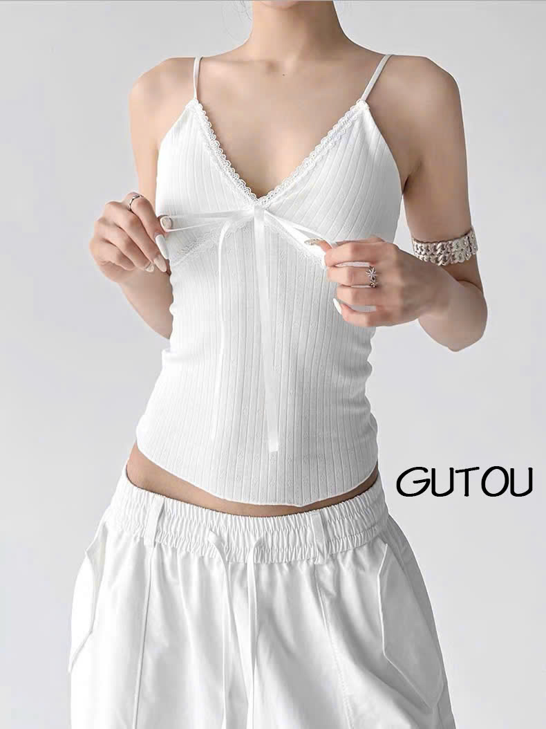 [ GUTOU ] Áo Hai Dây Dáng Ôm Viền Ren Mềm Đính Nơ Femini Top_thumbnail_8