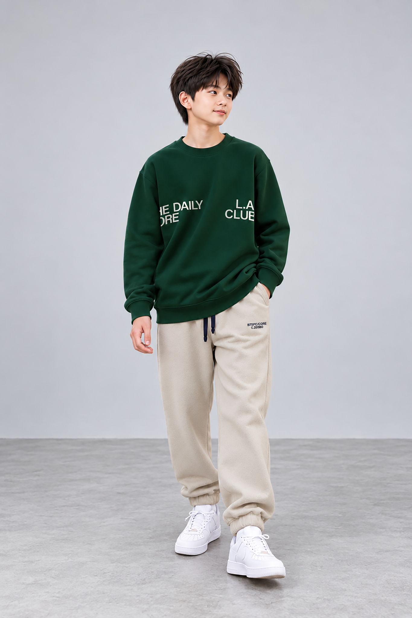 Phối áo nỉ xanh lá đậm với jogger be và sneaker trắng, ảnh toàn thân