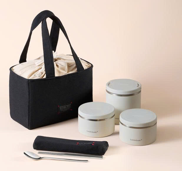 Bộ hộp cơm giữ nhiệt LocknLock Pump One-Touch Vacuum Lunch box (330ml*2, 530ml*1, bộ đũa và thìa, túi)