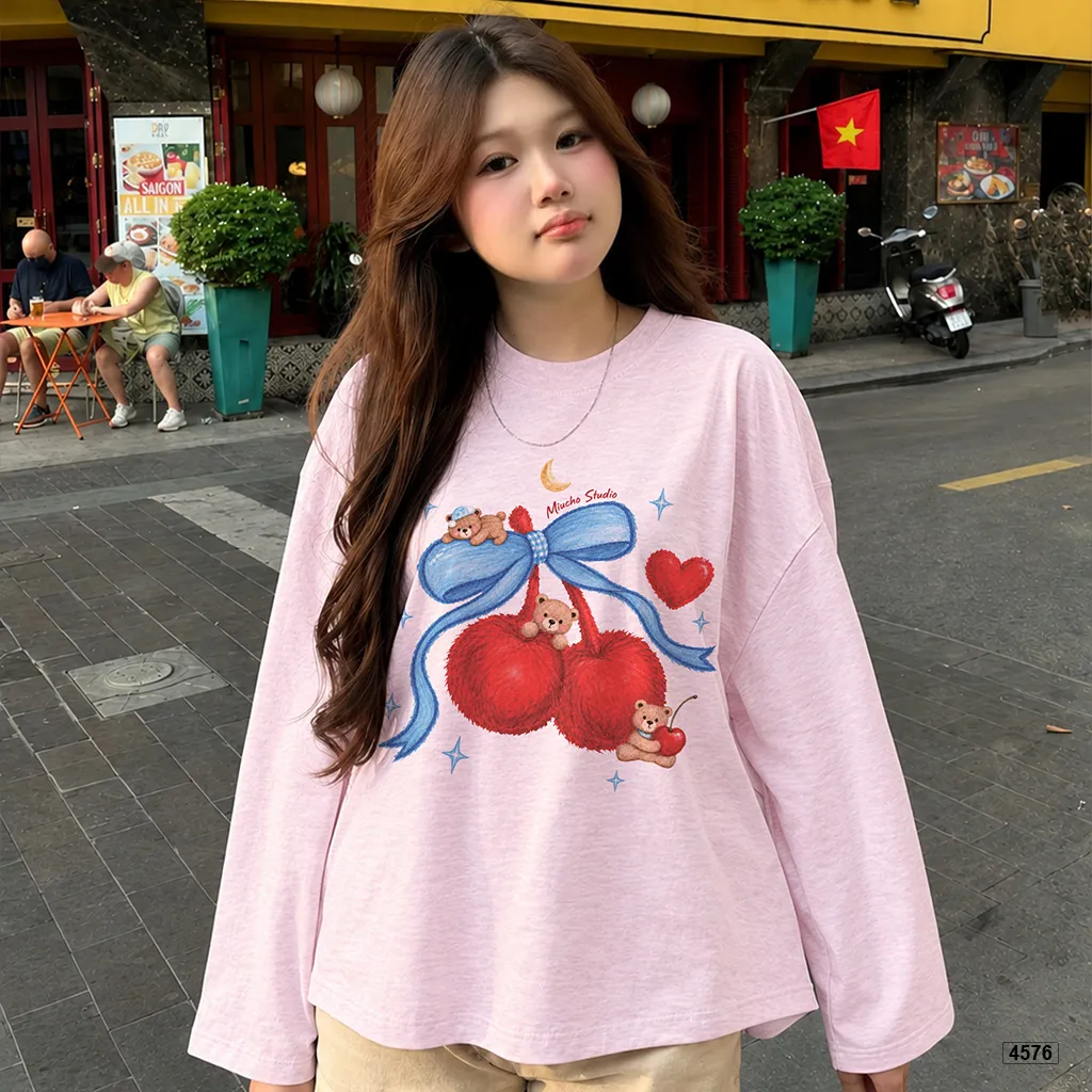 Áo thun nữ boxy tay dài chất cotton xước Teddy Táo đỏ Miucho 4576_thumbnail_2