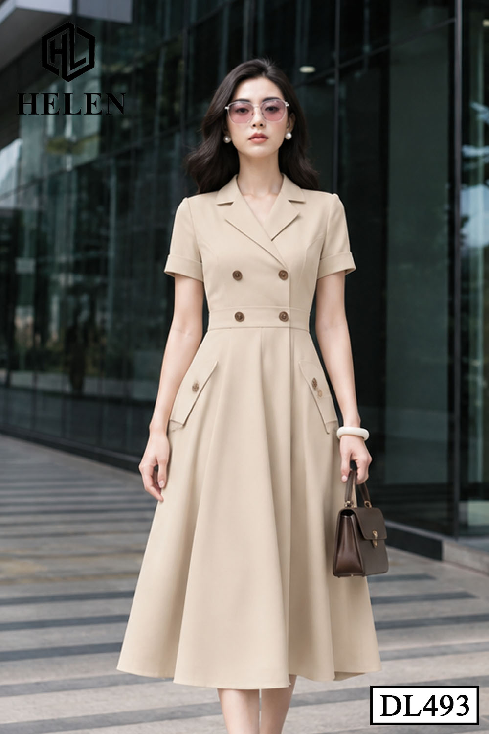 Đầm xòe màu be cổ vest đính cúc ngực DL493_thumbnail_3