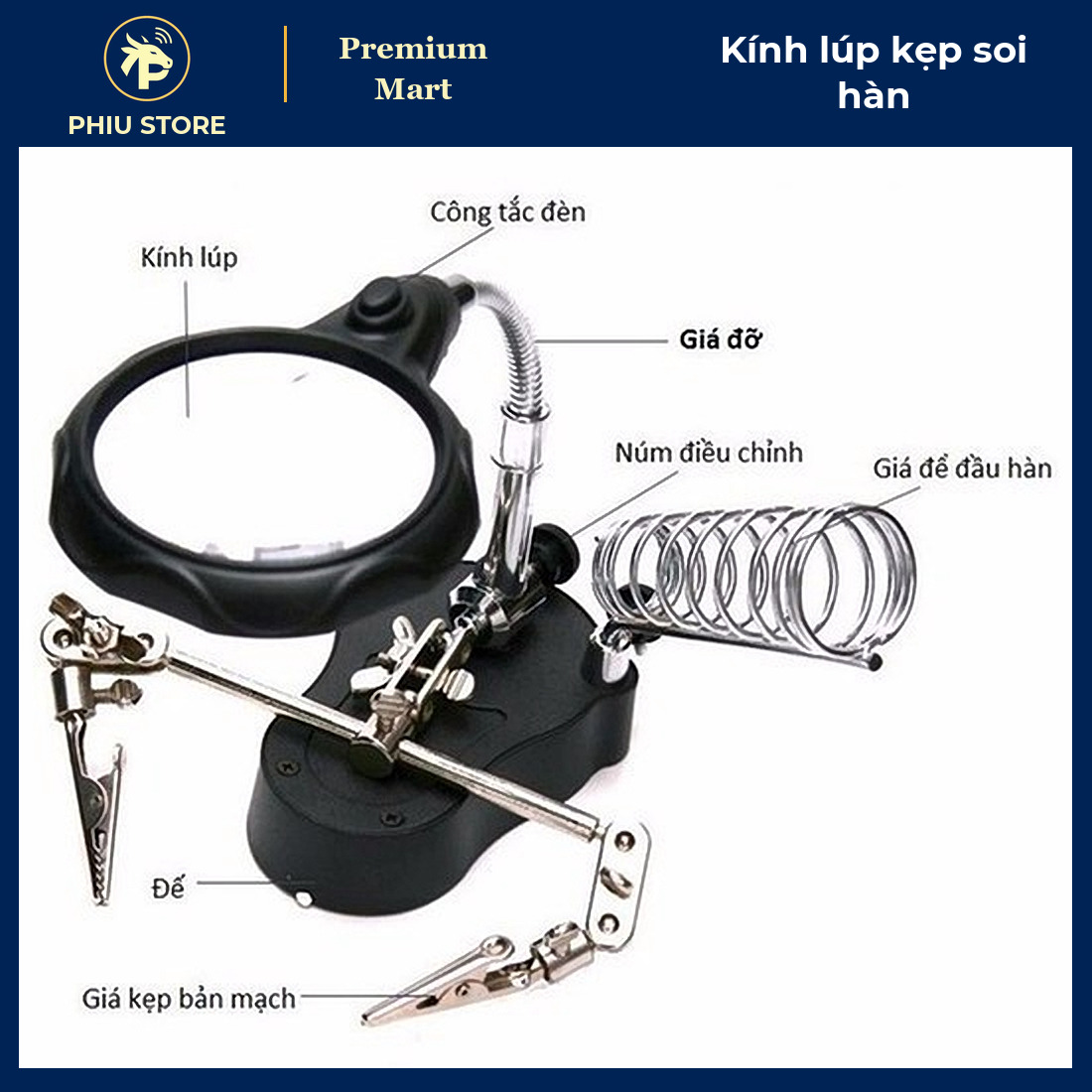 Kính Lúp Để Bàn Có 2 Đèn LED, 2 Kẹp Phụ Trợ Và Giá Gác Mỏ Hàn - Soi Mạch Điện Tử, Kẹp Board Hàn Linh Kiện - PHIU STORE_thumbnail_1