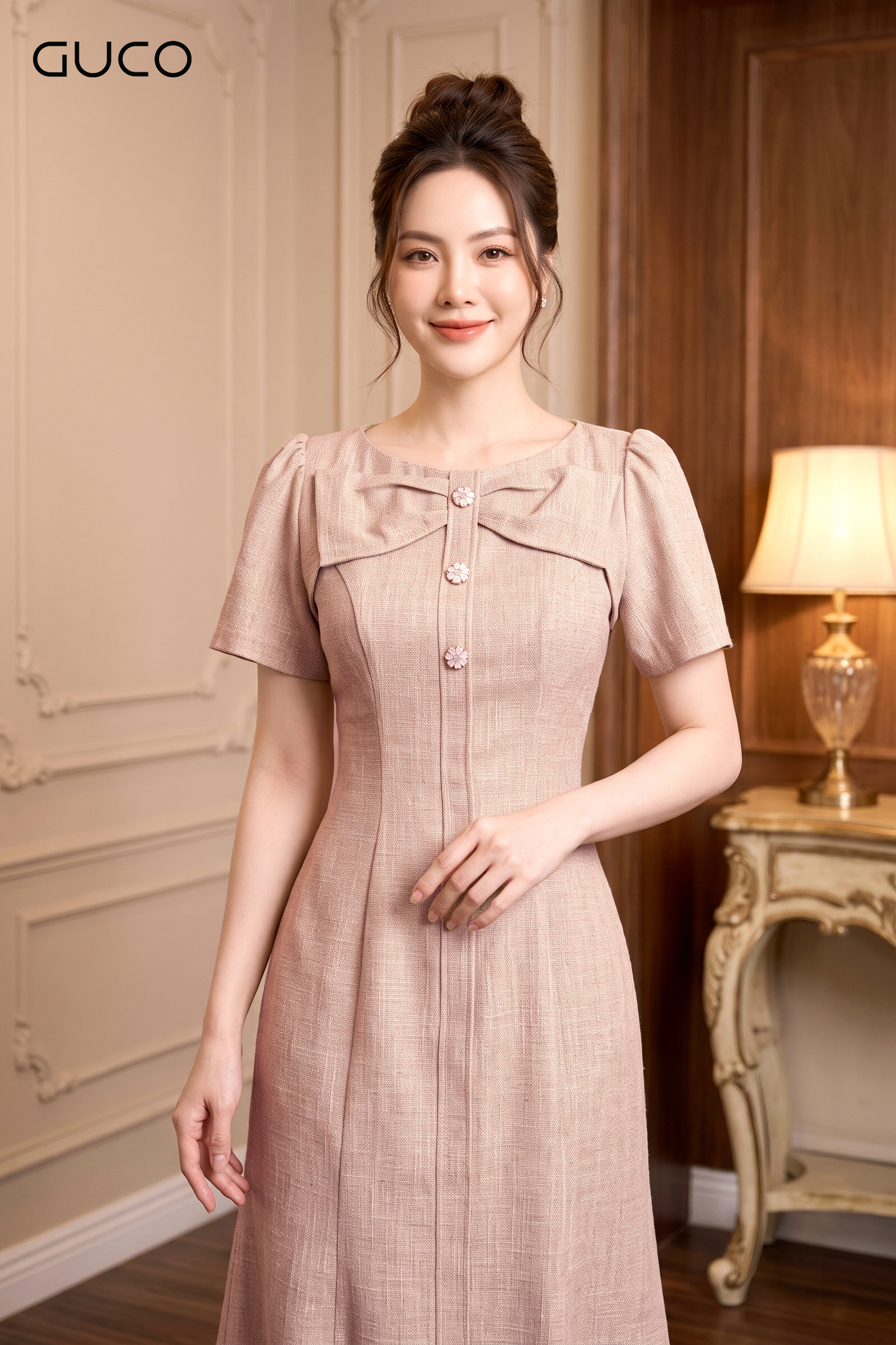 Đầm Suông Kem Cổ Nơ Đính Nút - 5314_thumbnail_2
