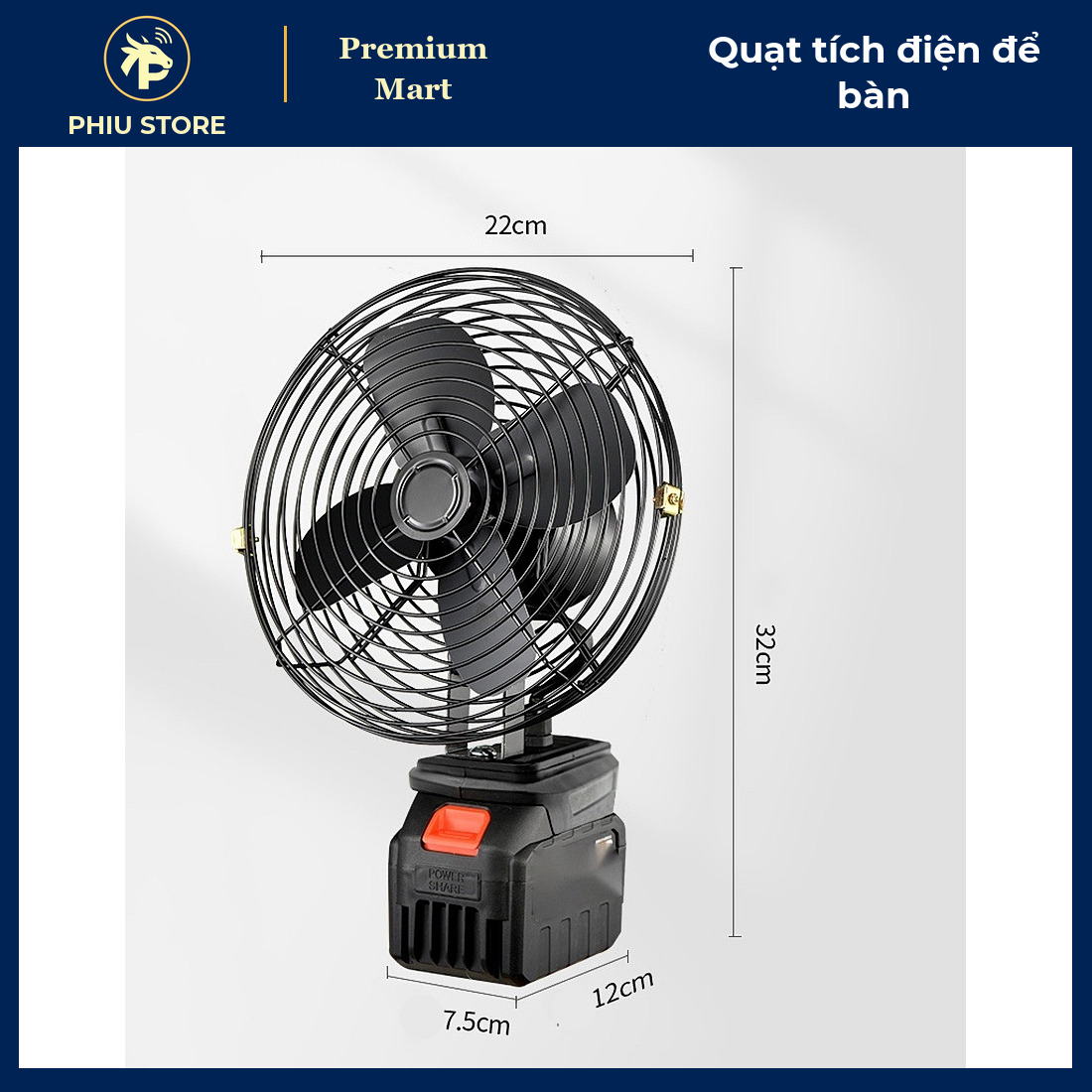 Quạt Tích Điện Để Bàn Lồng Sắt 8 Inch 35W, Pin Sạc 5 Cell, 2 Tốc Độ Gió - Dùng Khi Cúp Điện, Cắm Trại - PHIU STORE_thumbnail_5