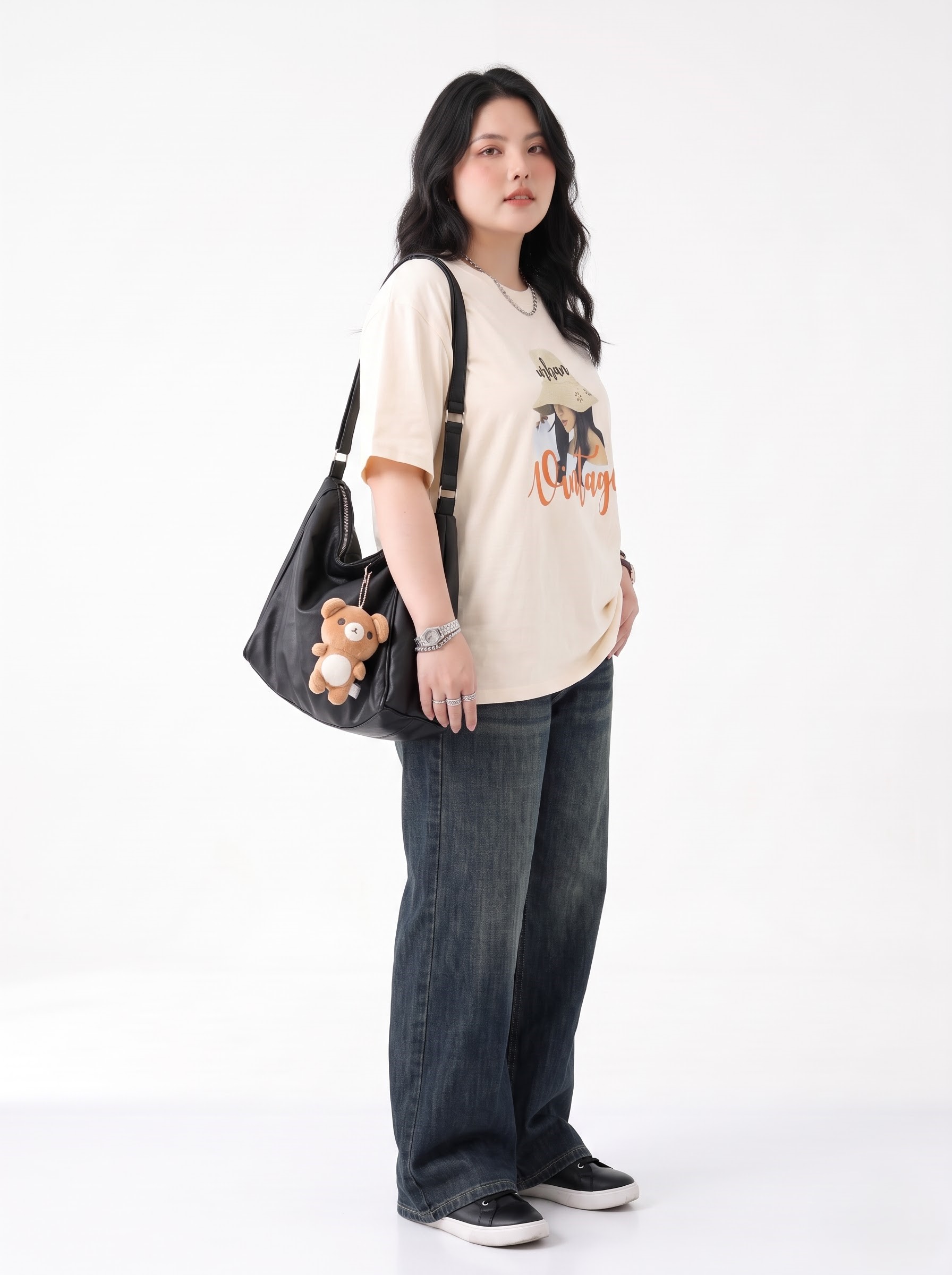 V-AK102-3 Plus-Size Oversized Girl-Graphic T-Shirt - Cream/Pink/Red/Black