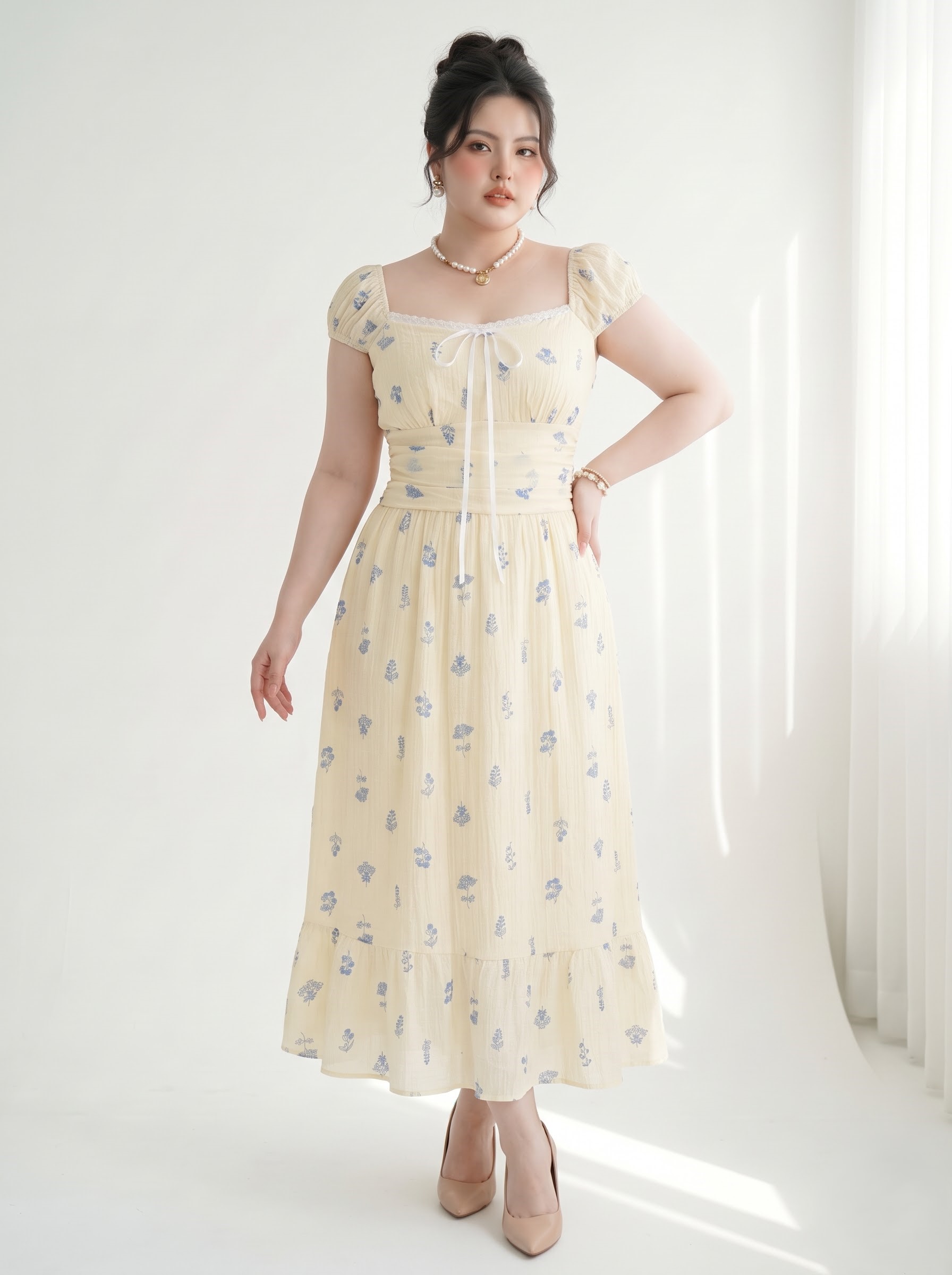 Đầm Voan Hoa Nhí Dáng Dài Bigsize Nhún Eo Tôn Dáng - Kem Hoa Xanh - Vừa 55-90kg - V-DA222