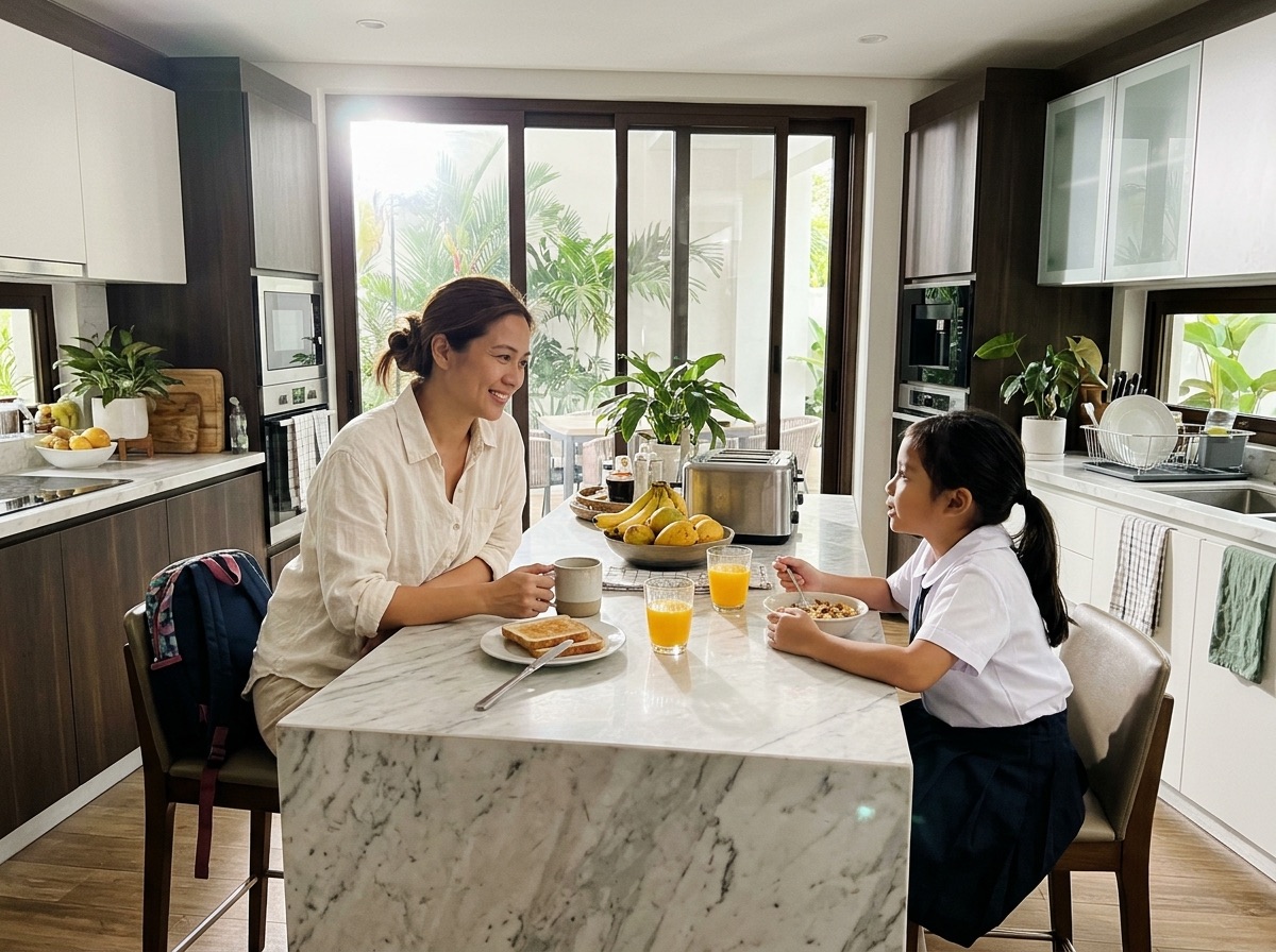 Rested mother having breakfast with her daughter