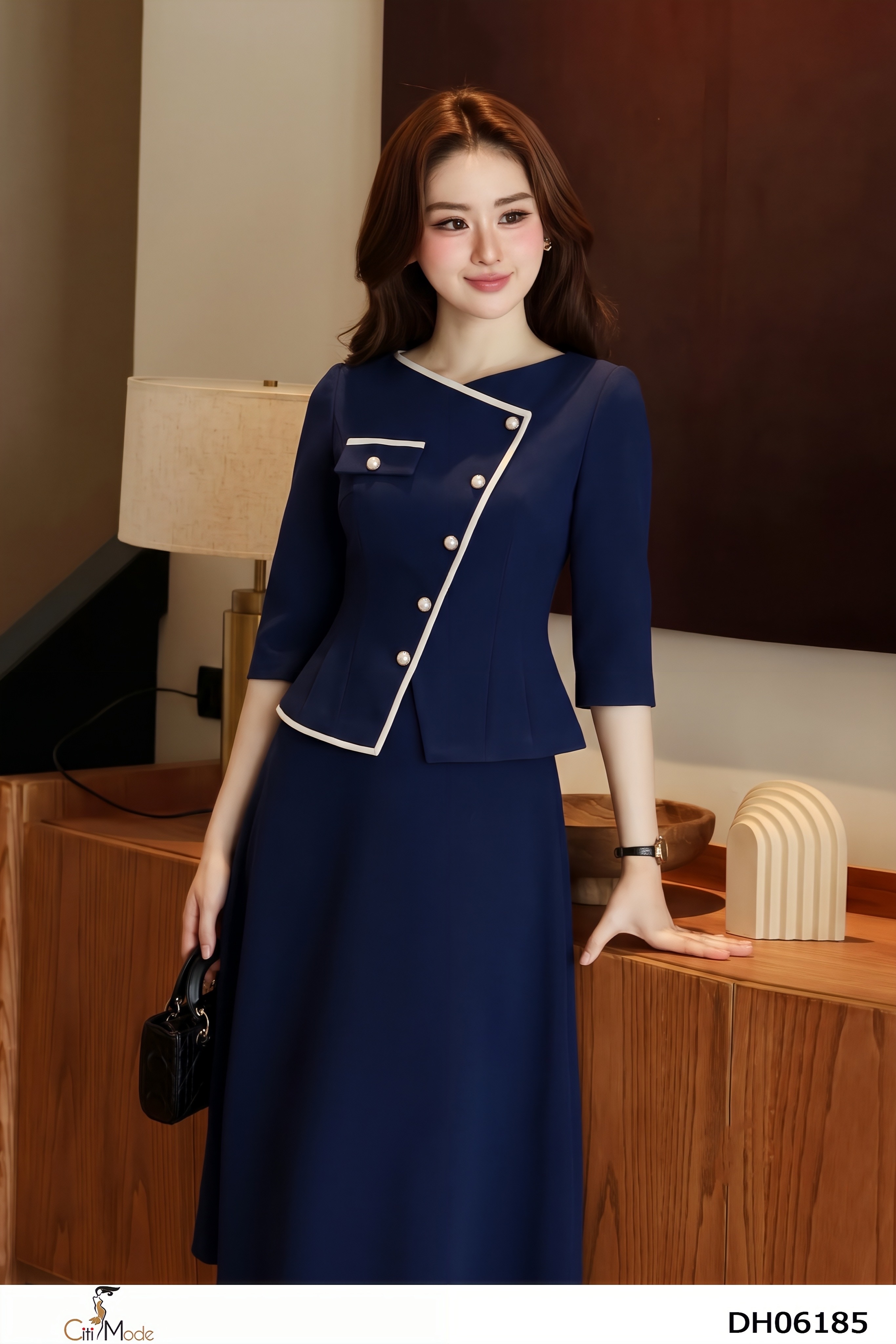 Đầm xòe giả set xanh đen tay dài cổ V  phối viền_thumbnail_4