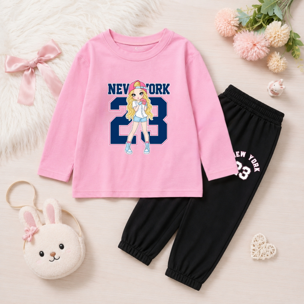 Set bộ Thu - Đông chất liệu cotton bé gái in hình cô gái tóc vàng  - Loza Kids BW748
