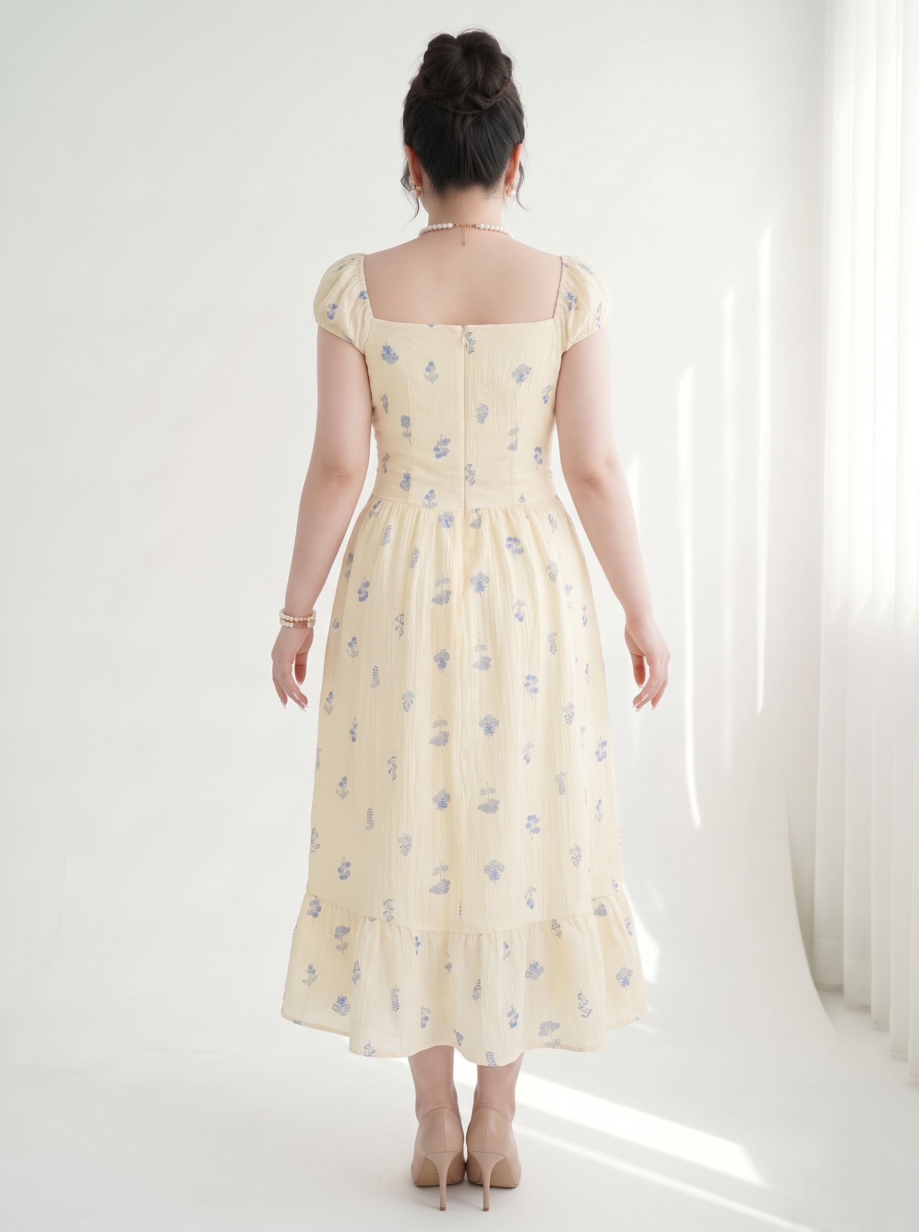 Đầm Voan Hoa Nhí Dáng Dài Bigsize Nhún Eo Tôn Dáng - Kem Hoa Xanh - Vừa 55-90kg - V-DA222_thumbnail_4
