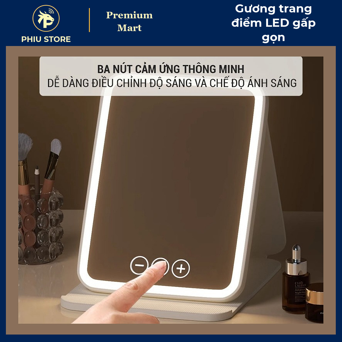 Gương Trang Điểm Có Đèn LED Gấp Gọn 3 Chế Độ Sáng, Pin Sạc 2400mAh, Để Bàn Mang Du Lịch - PHIU STORE_thumbnail_4
