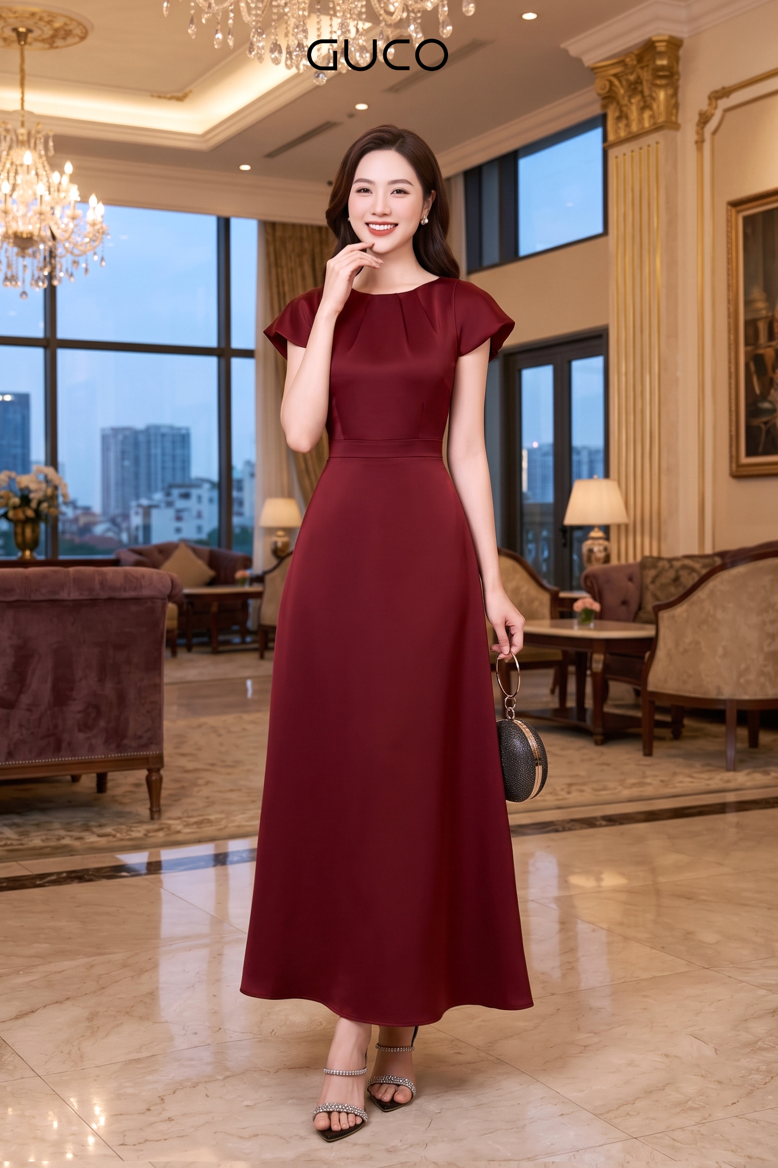Đầm Dạ Hội Đỏ Cổ Tròn Xếp Nhún Tay Bí - 5294