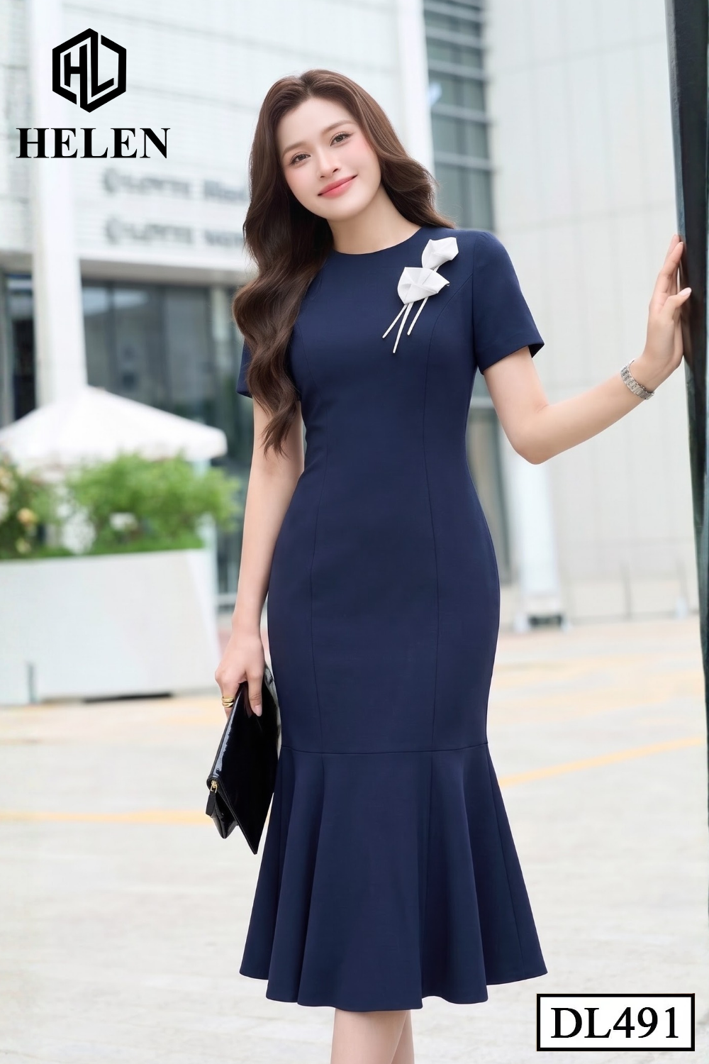 Đầm ôm xanh than đuôi cá đính hoa DL491