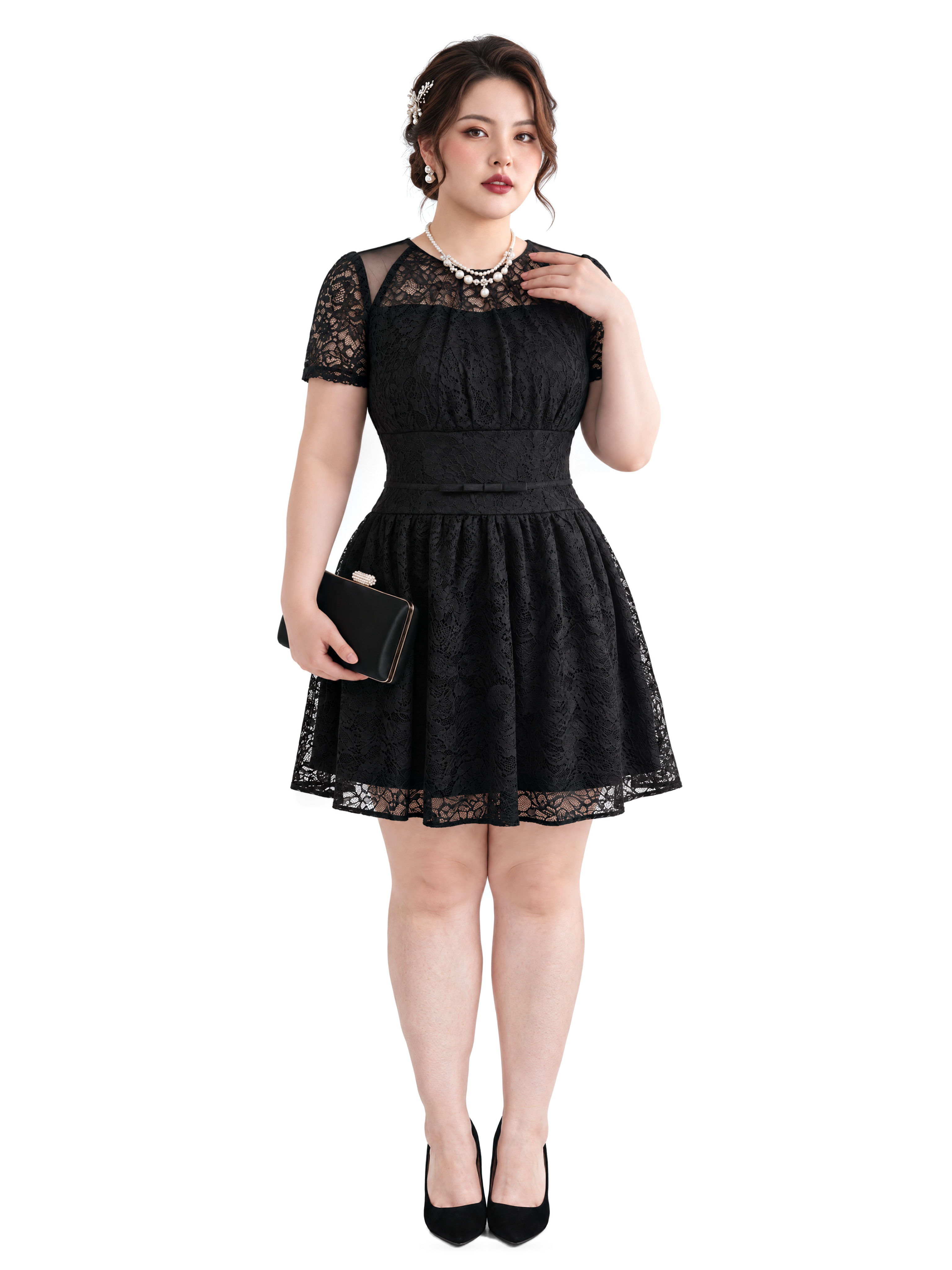 Đầm Ren Dáng A Phối Lưới Bigsize Nữ 2 Lớp Ren Hoa Lót Cotton Lạnh - Đen - Vừa 55–95kg - V-DA244