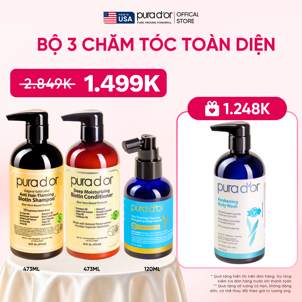 Combo 3 Bước Dầu Gội, Dầu Xả, Giảm Rụng Tóc Organic Pura D'or Biotin Gold Label 473ML | Chăm Sóc Tóc, Chăm Sóc Da Đầu, Dưỡng Tóc, Hỗ Trợ Mọc Tóc - Combo 3 bước 473ml