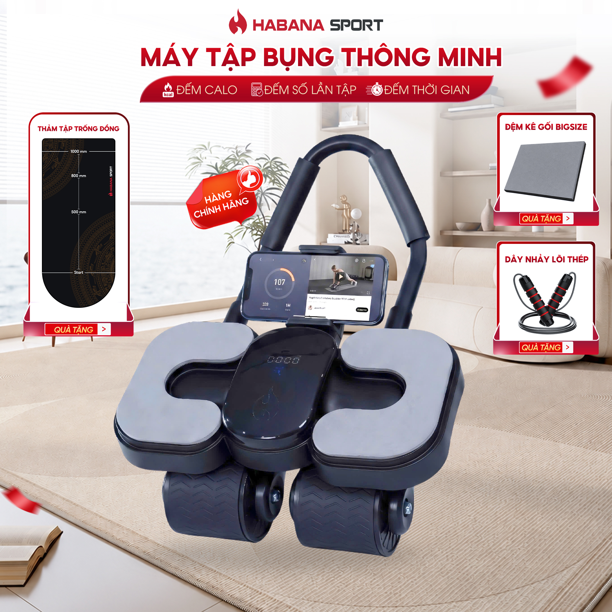 Máy Tập Bụng Đốt Mỡ Thông Minh Habana - [ TẶNG ] Thảm tập 1m4 + Đệm kê gối + Dây nhảy 