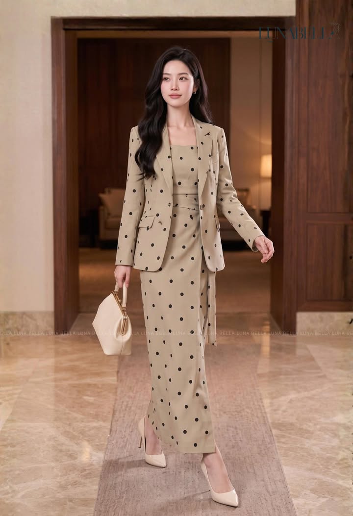 Váy dáng dài vạt đắp chấm bi NOLA màu BE