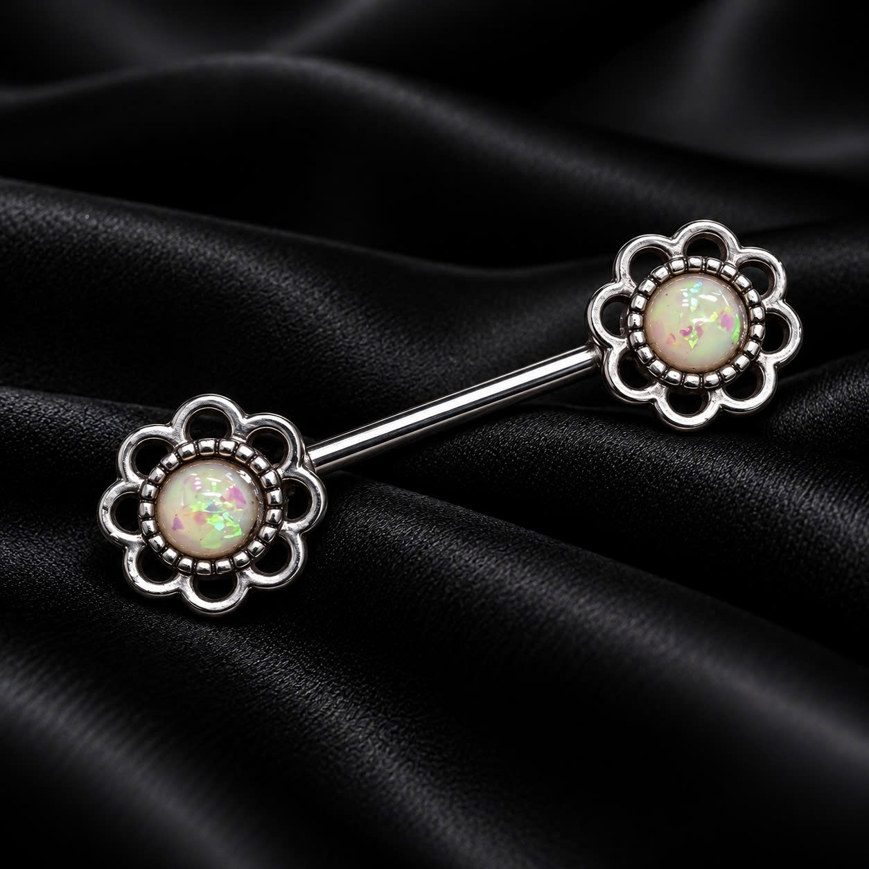 Khuyên Ti bông hoa đá opal 2 đầu