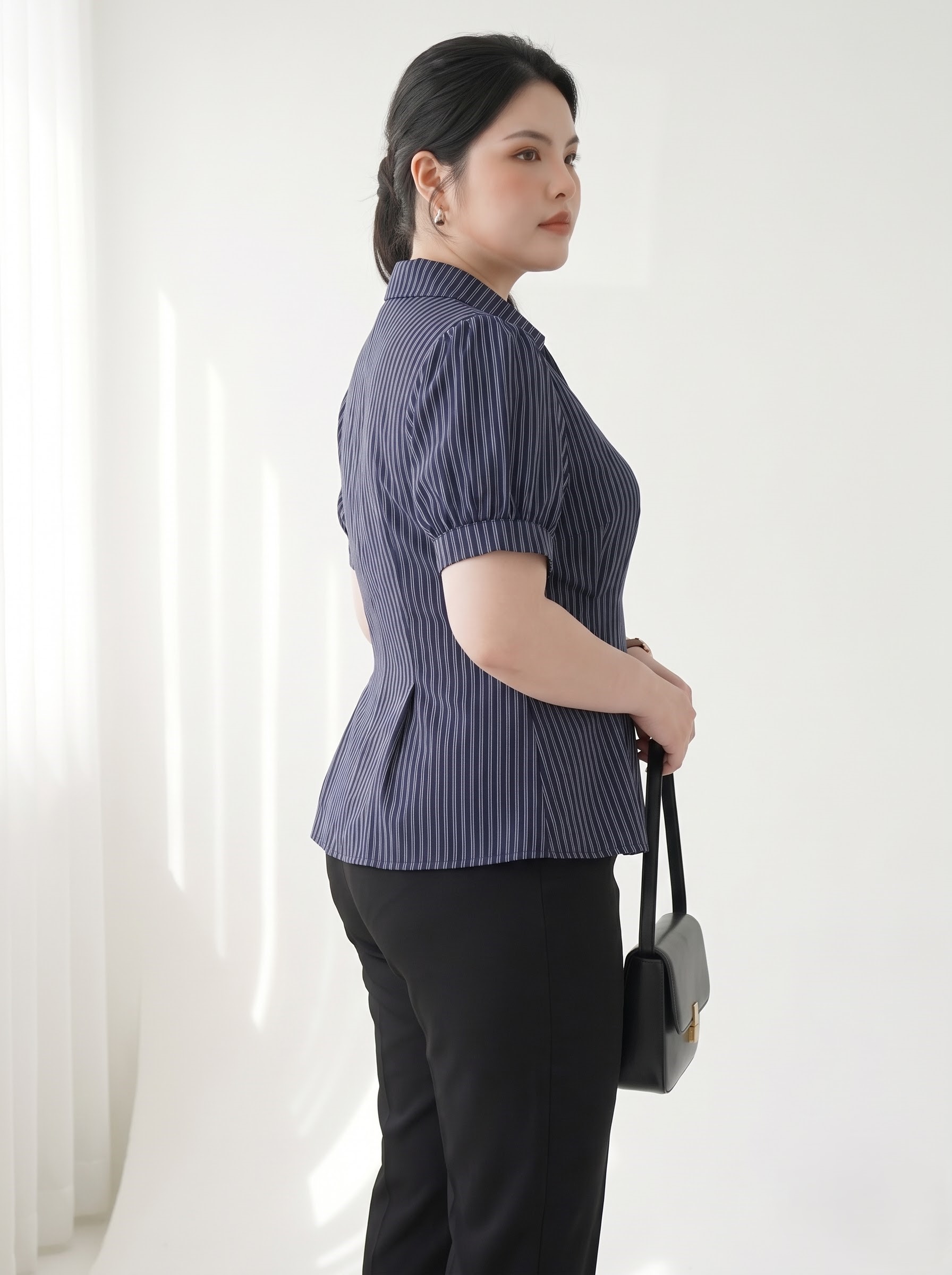 Áo Sơ Mi Sọc Xanh Tay Phồng Bigsize Tôn Eo Che Bắp Tay - Xanh Sọc - Vừa 55-90kg - V-AK110_thumbnail_2