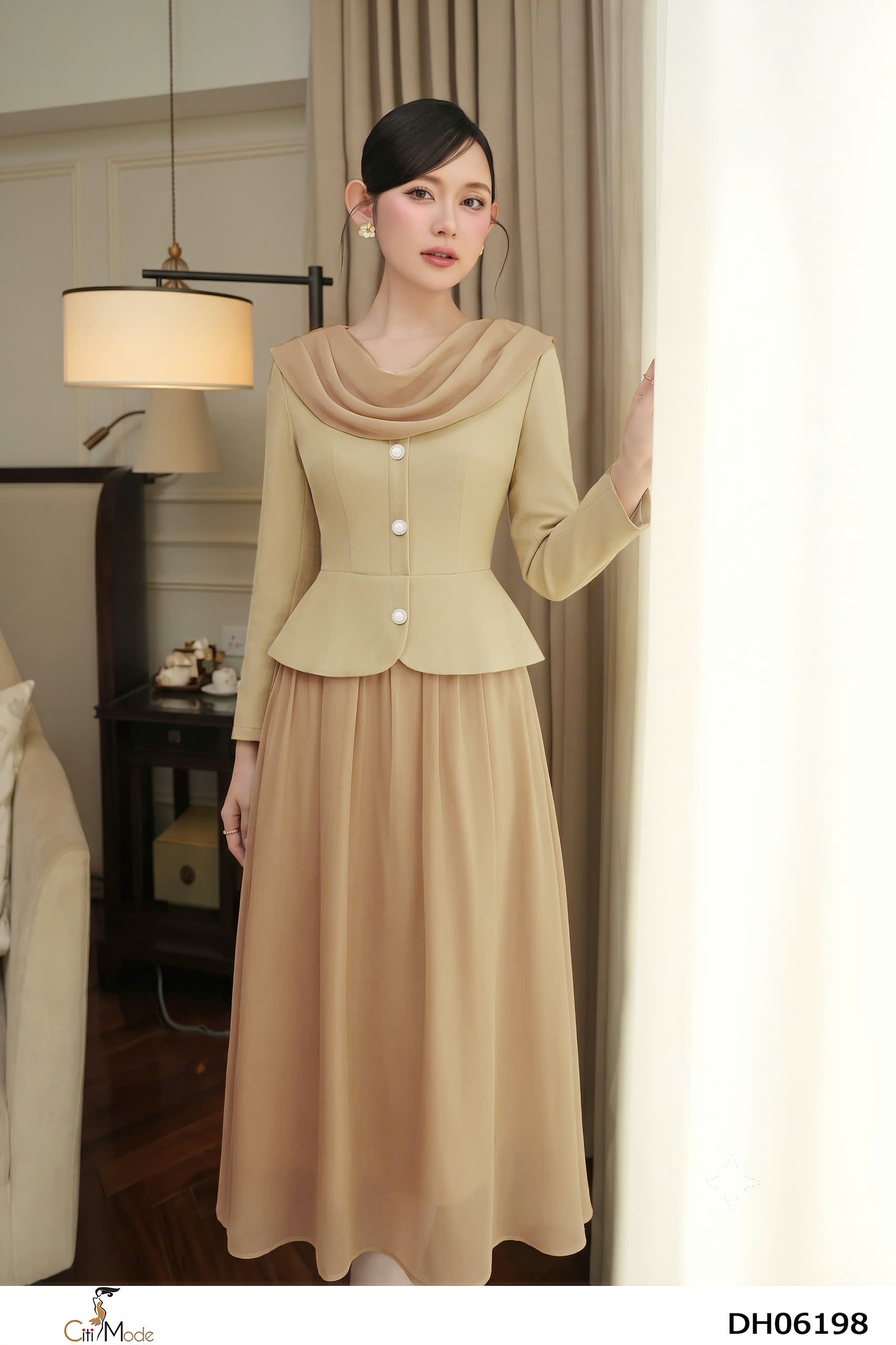 Đầm xòe peplum tơ nâu phối cổ thuyền cách điệu tay dài_thumbnail_3