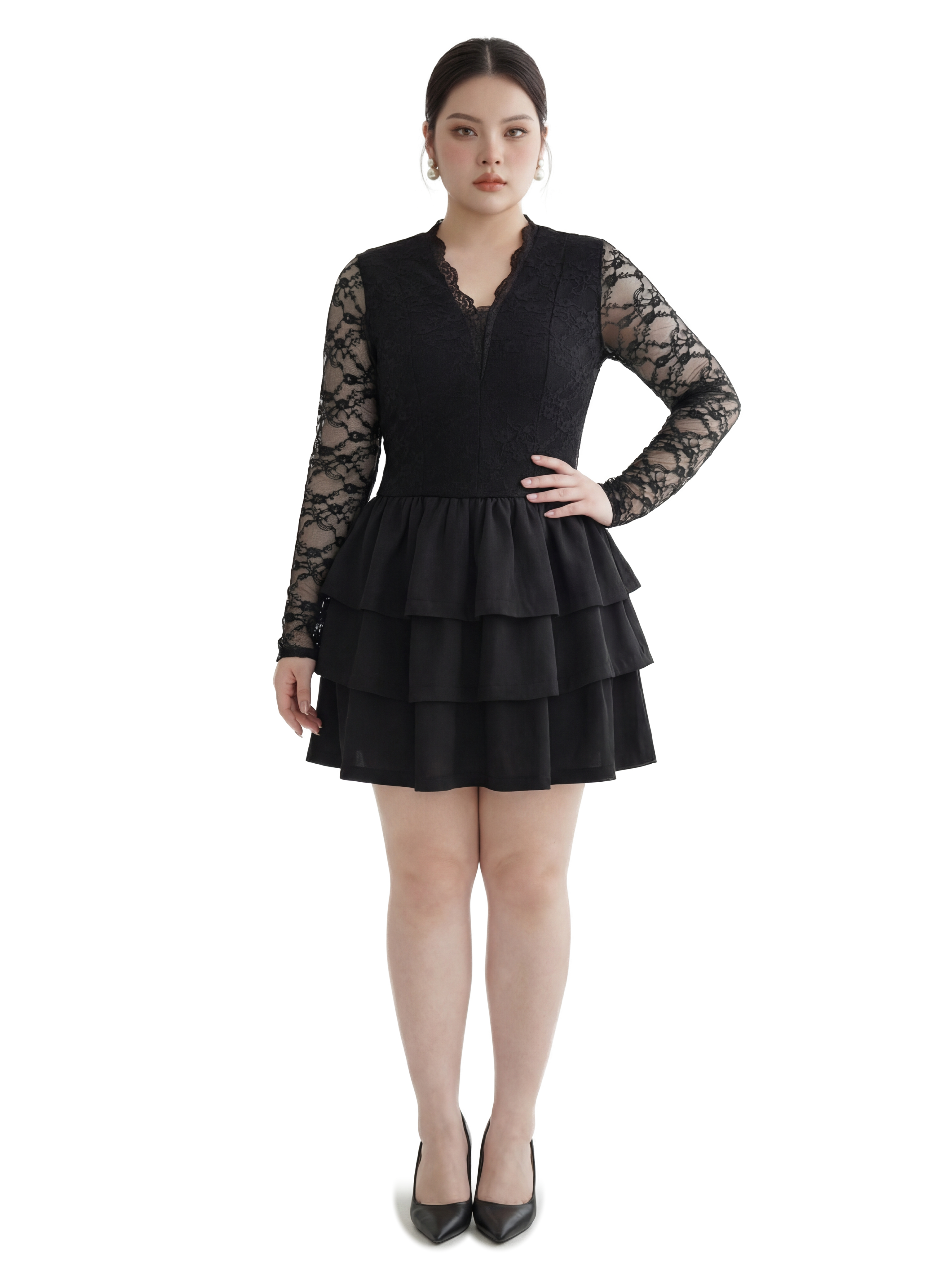 Đầm Ren Hoa Tay Dài Bigsize Dáng A Phối Ba Tầng Lót Thun - Đen - Vừa 55–95kg - V-DA212