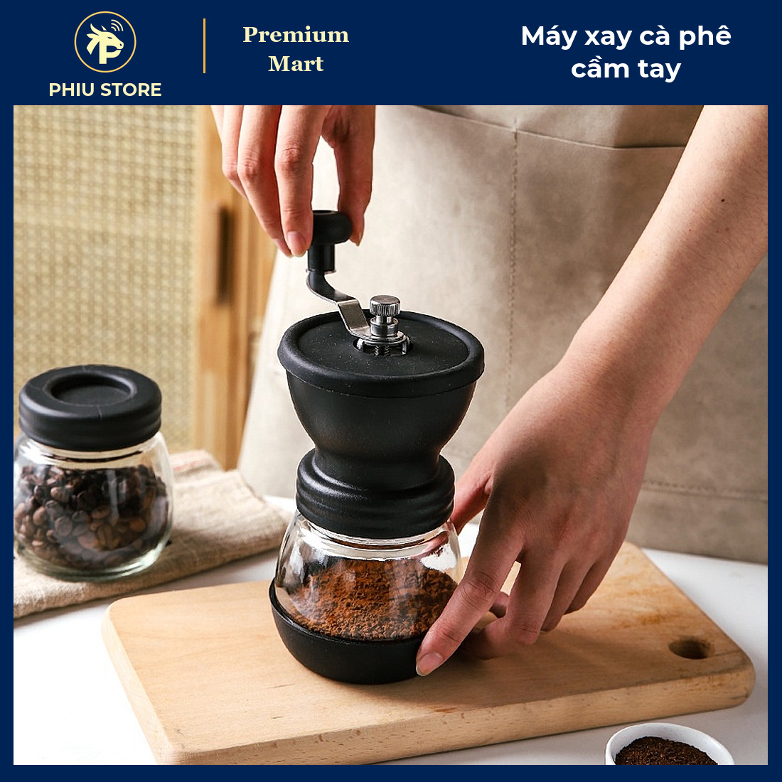 Máy Xay Cà Phê Cầm Tay Cối Gốm Điều Chỉnh Độ Mịn, Kèm 2 Hũ Thủy Tinh Có Đế Chống Trượt - PHIU STORE_thumbnail_1