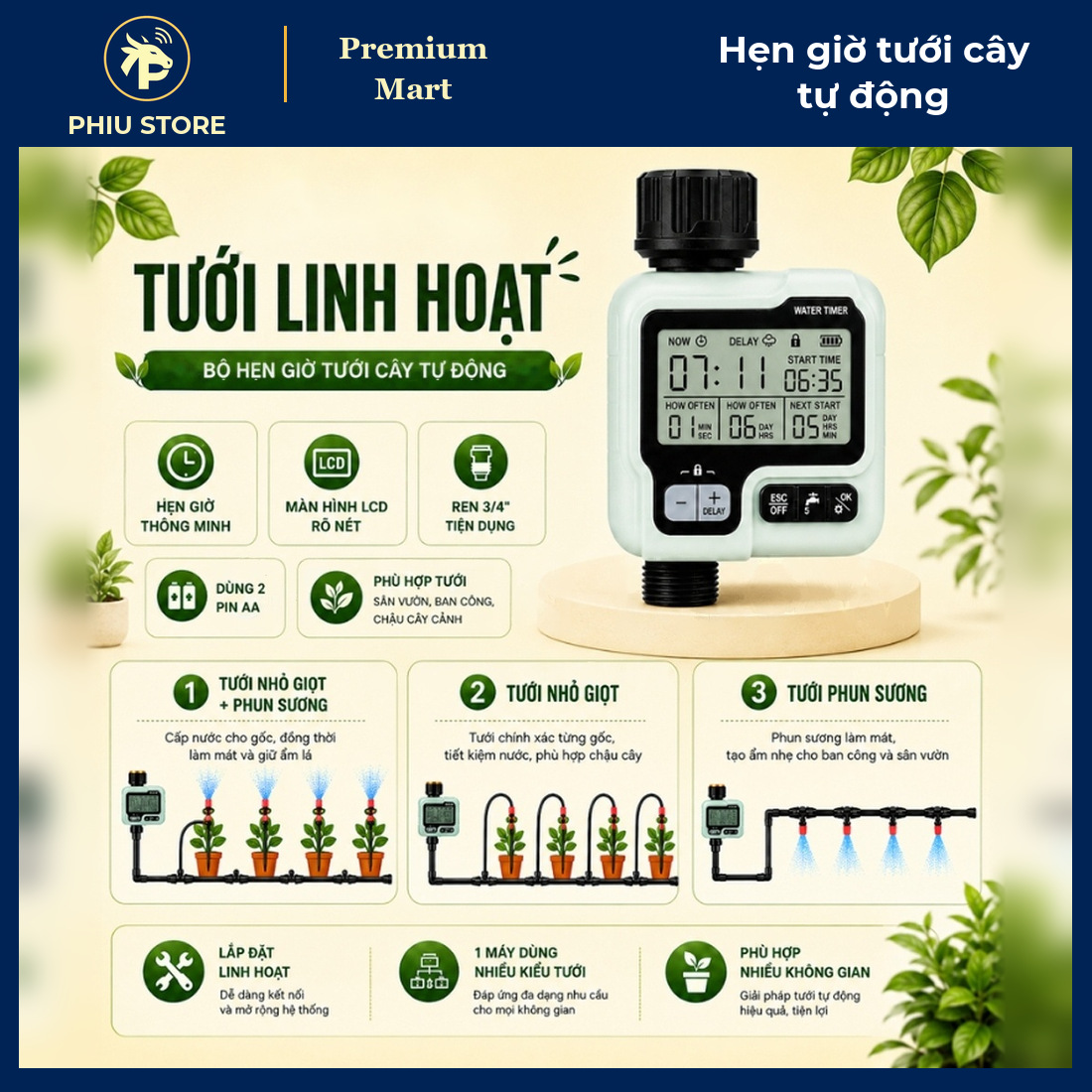 Máy Hẹn Giờ Tưới Cây Tự Động Màn Hình LCD IPX5 Gắn Vòi Nước, Dùng Cho Tưới Nhỏ Giọt, Phun Sương - PHIU STORE_thumbnail_2
