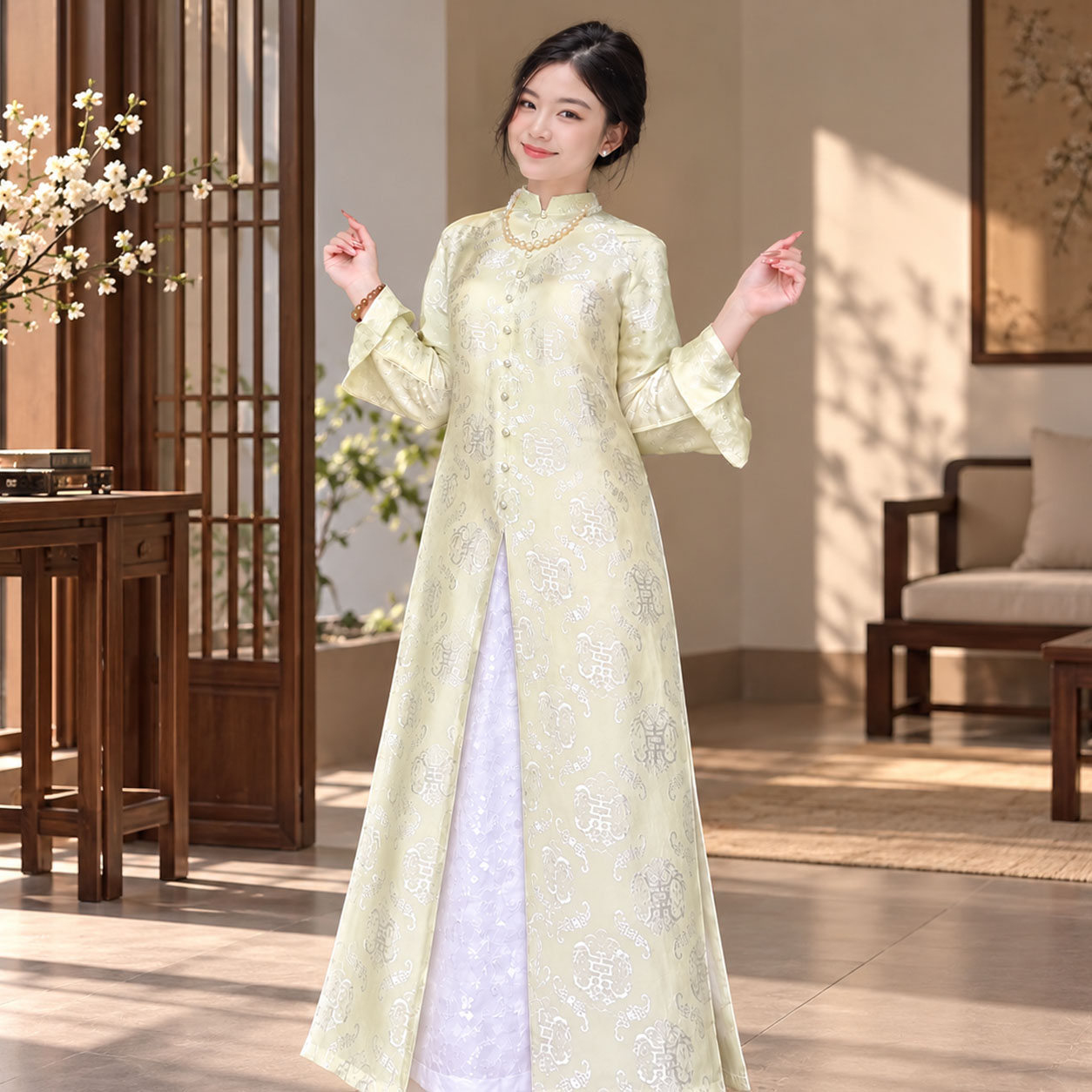 Áo Dài Cách Tân Nữ Tằm Thọ Dơi Phối Yếm Dáng Suông – CT27-05