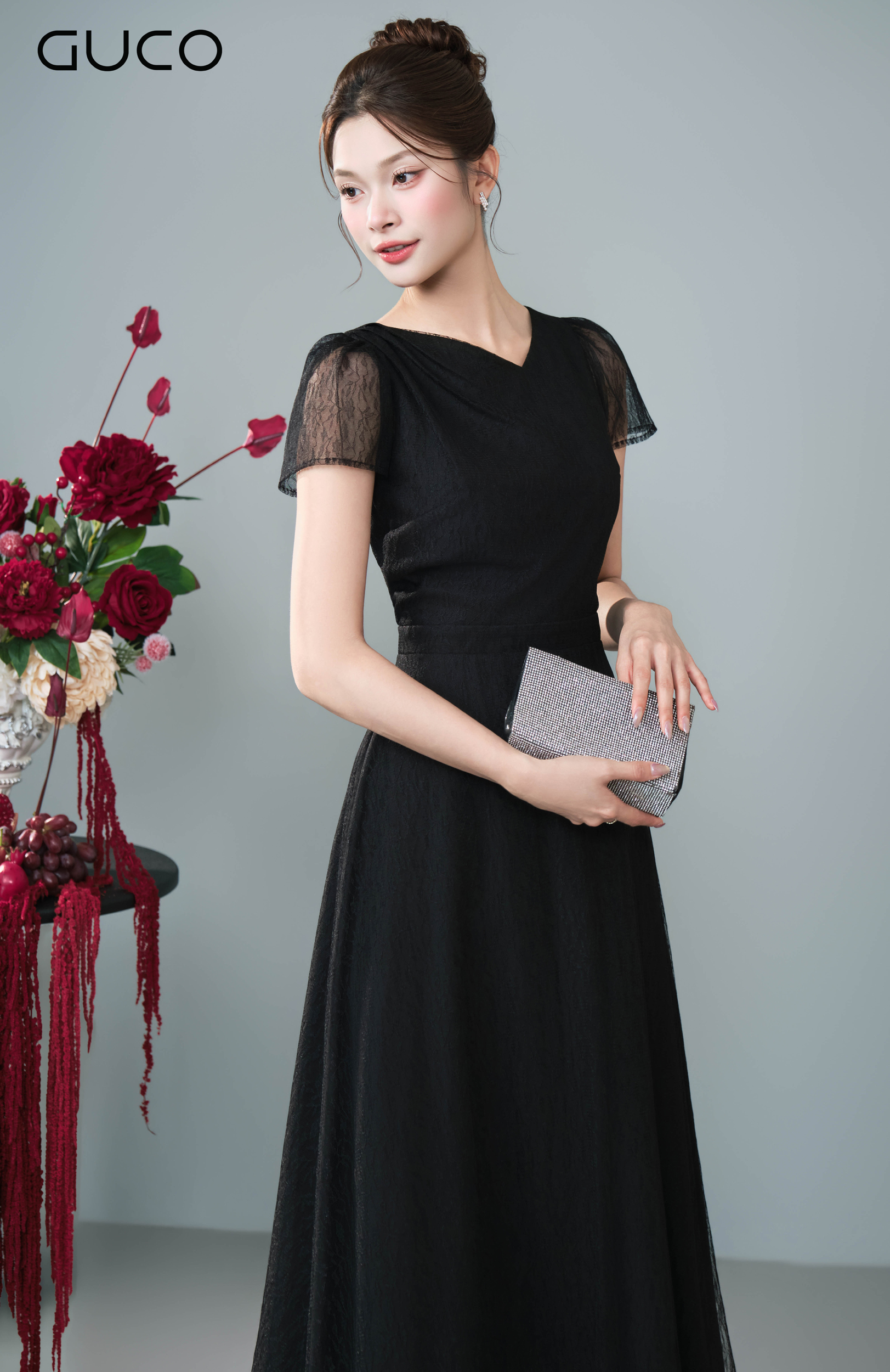 Đầm Dạ Hội Đen Cổ V Tay Phối Lưới Tơ - 5299_thumbnail_2