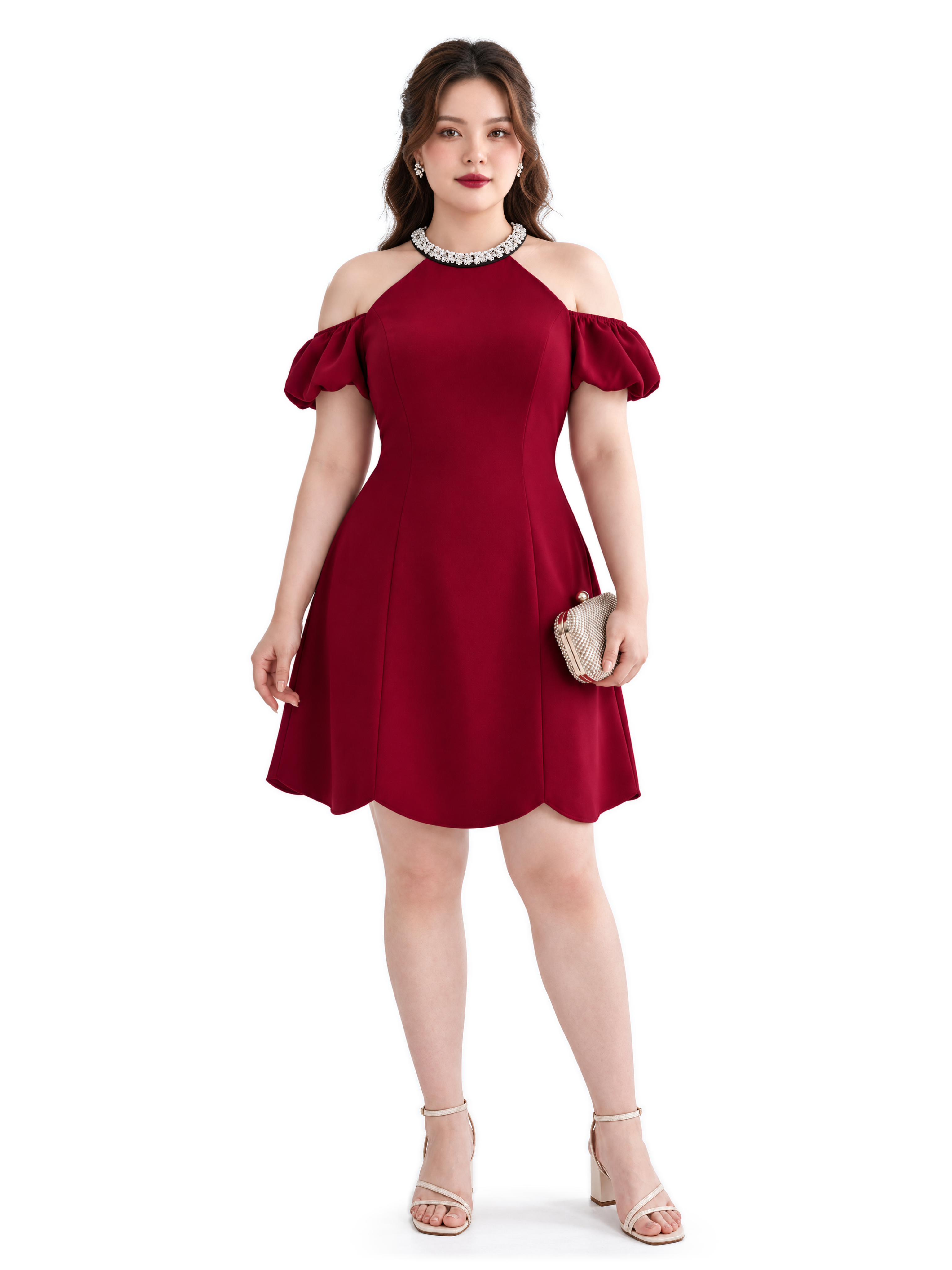 Đầm Dáng A Phối Đính Cườm Bigsize Tôn Eo Nhẹ - Đỏ - Vừa 55-95kg - V-DA196