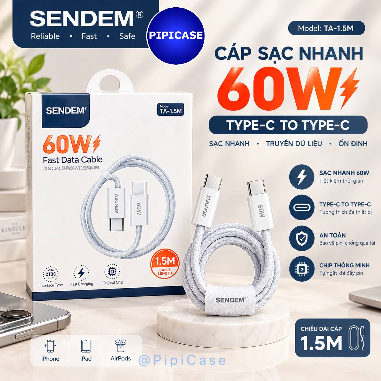 Cáp sạc SENDEM Type C to type C 1.5M