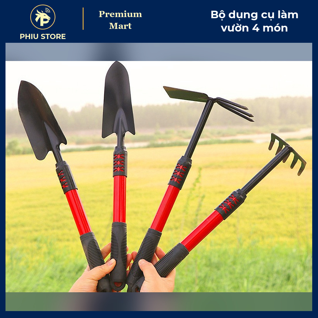 Bộ 4 Dụng Cụ Làm Vườn Gồm 2 Xẻng, Cuốc, Cào Tay Cầm Chống Trơn Dài 41–46,5 Cm - Trồng Cây Chậu, Ban Công - PHIU STORE_thumbnail_2