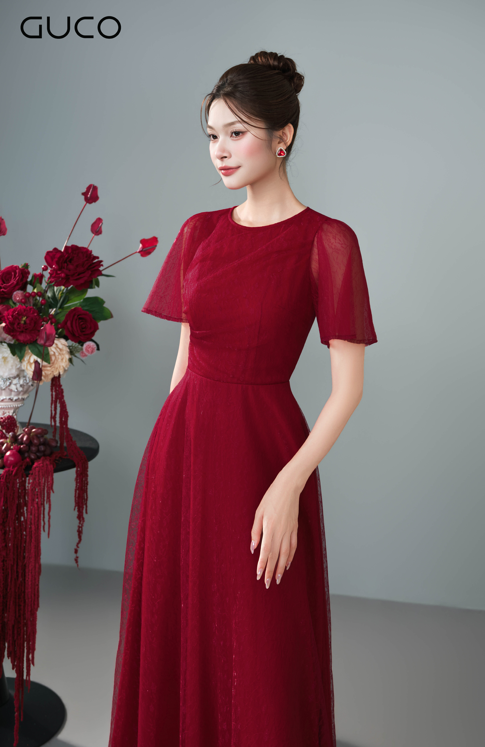 Đầm Midi Đỏ Cổ Tròn Phối Lưới Ren - 5277_thumbnail_1