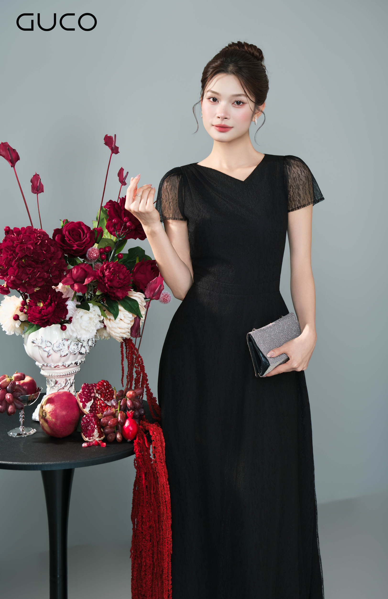 Đầm Dạ Hội Đen Cổ V Tay Phối Lưới Tơ - 5299_thumbnail_1