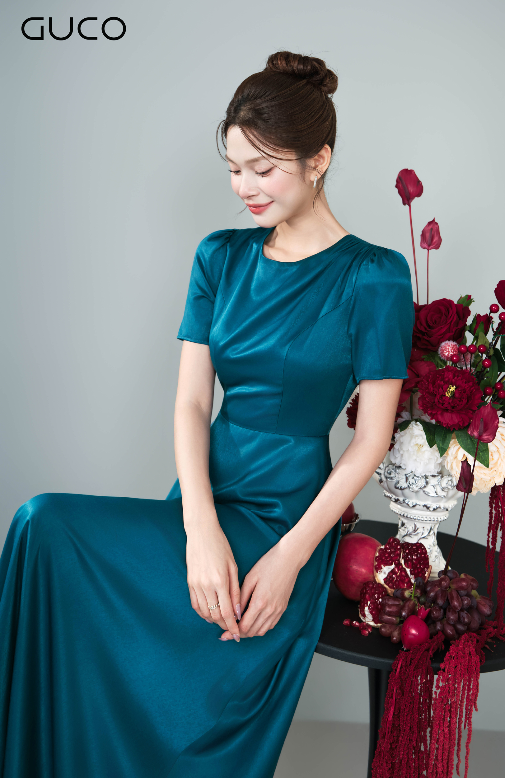 Đầm Dài Xanh Teal Cổ Tròn Nhún Vai - 5285_thumbnail_3