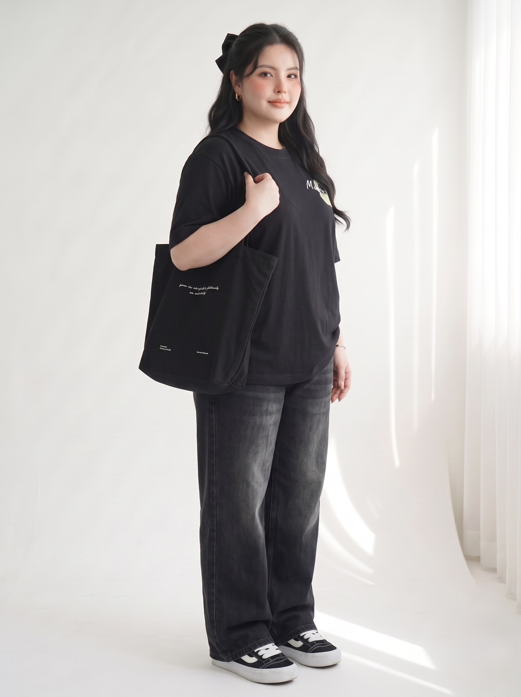 V-AK102-6 Plus-Size Oversized Musical Headphone-Print T-Shirt - Black
