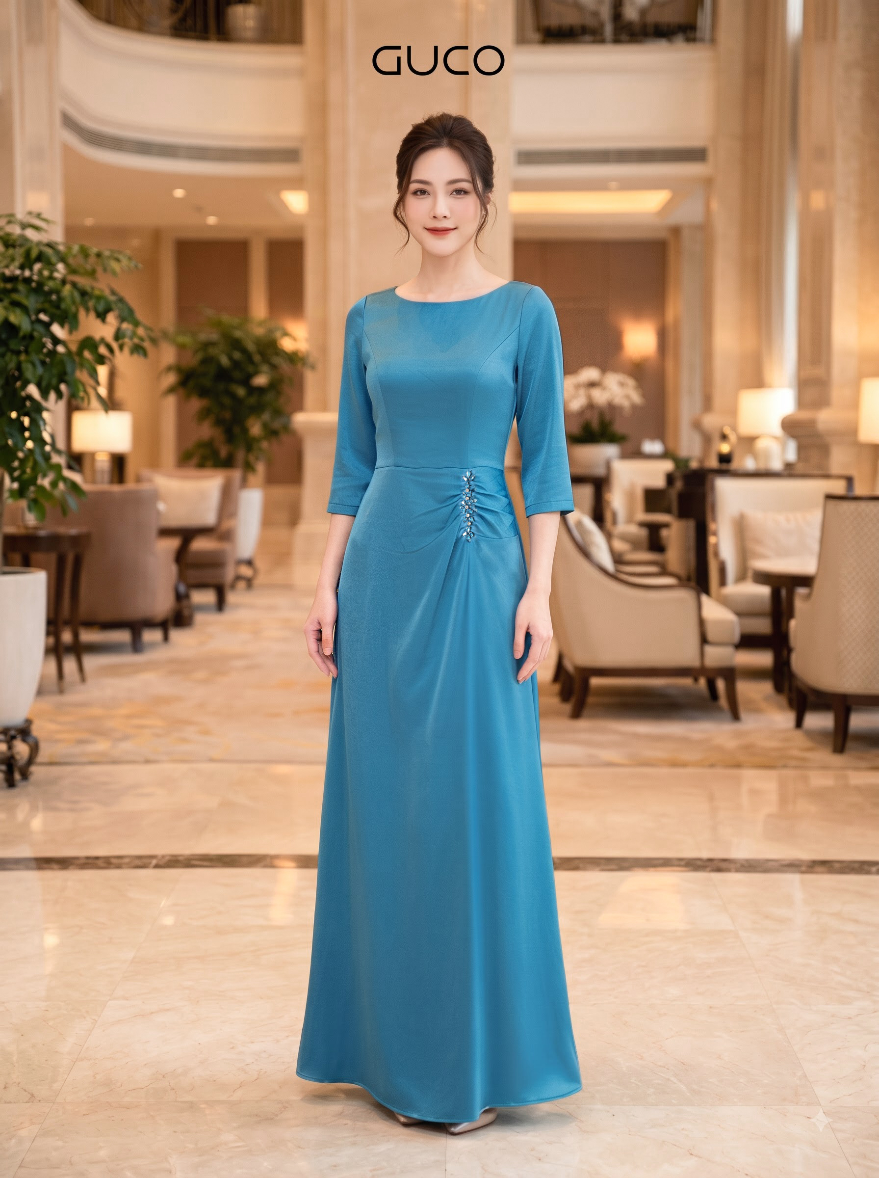 Đầm Dạ Hội  Xanh Tay Lỡ Nhún Eo Đính Đá - 5275