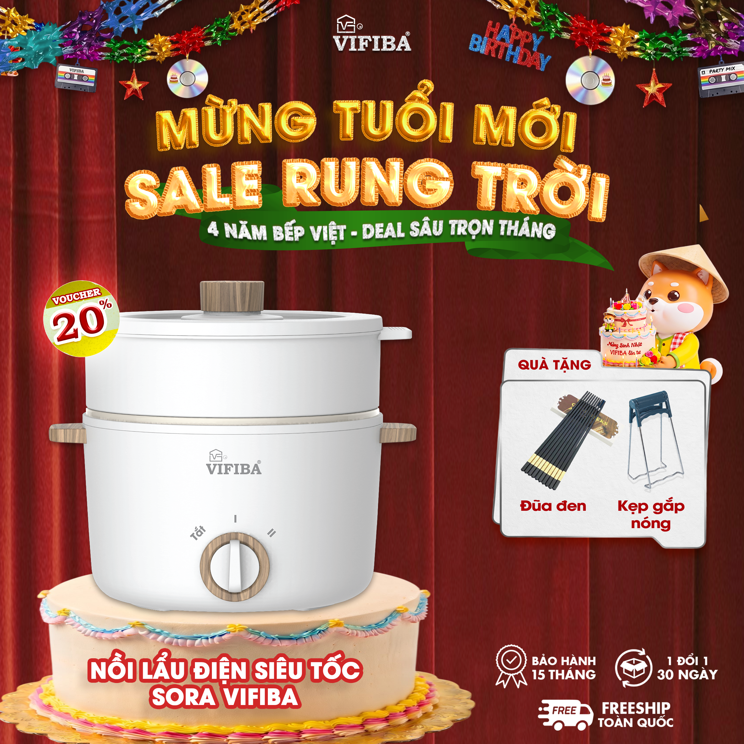 Nồi Lẩu Điện Sora Vifiba - Kèm khay hấp