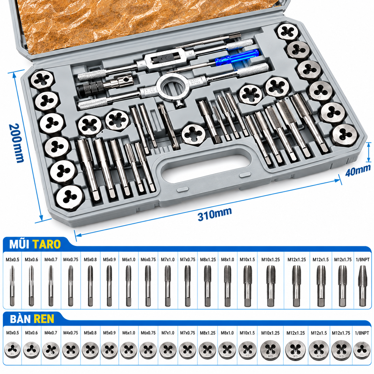 Bộ Mũi Taro Tạo Ren Sắt Thép Đa Năng từ M3 đến M12, Bộ tạo ren 20, 40 chi tiết, bộ taro hợp kim siêu cứng_thumbnail_4