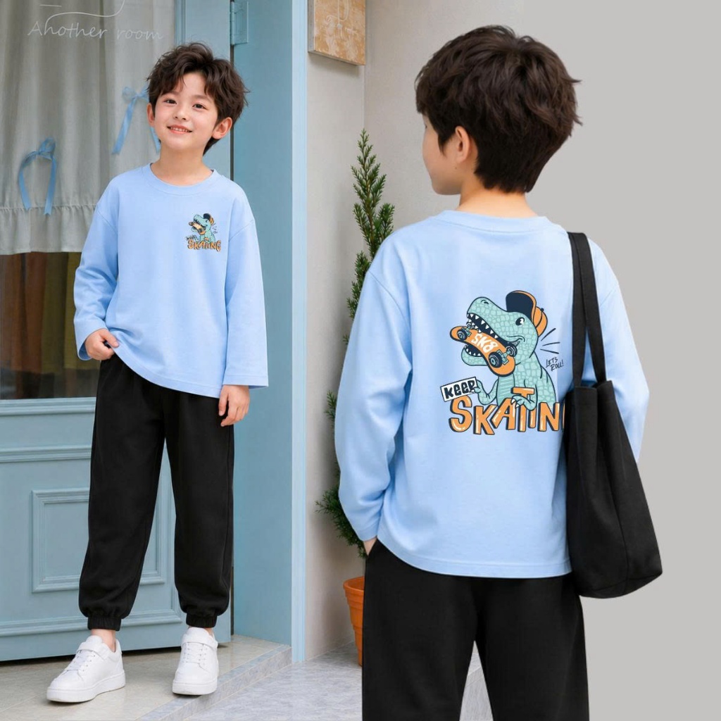 Set bộ Thu - Đông chất liệu cotton bé trai hình Khủng Long Skatin 2 mặt - Loza Kids BW721