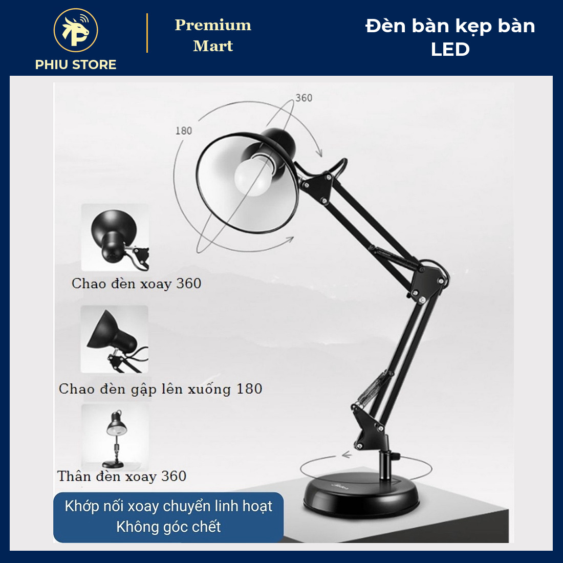 Đèn Bàn Học LED Kẹp Bàn Tay Gập Xoay 360 Độ, Đèn Đọc Sách Làm Việc Để Bàn, Bóng 7W 9W Tùy Chọn - PHIU STORE_thumbnail_2