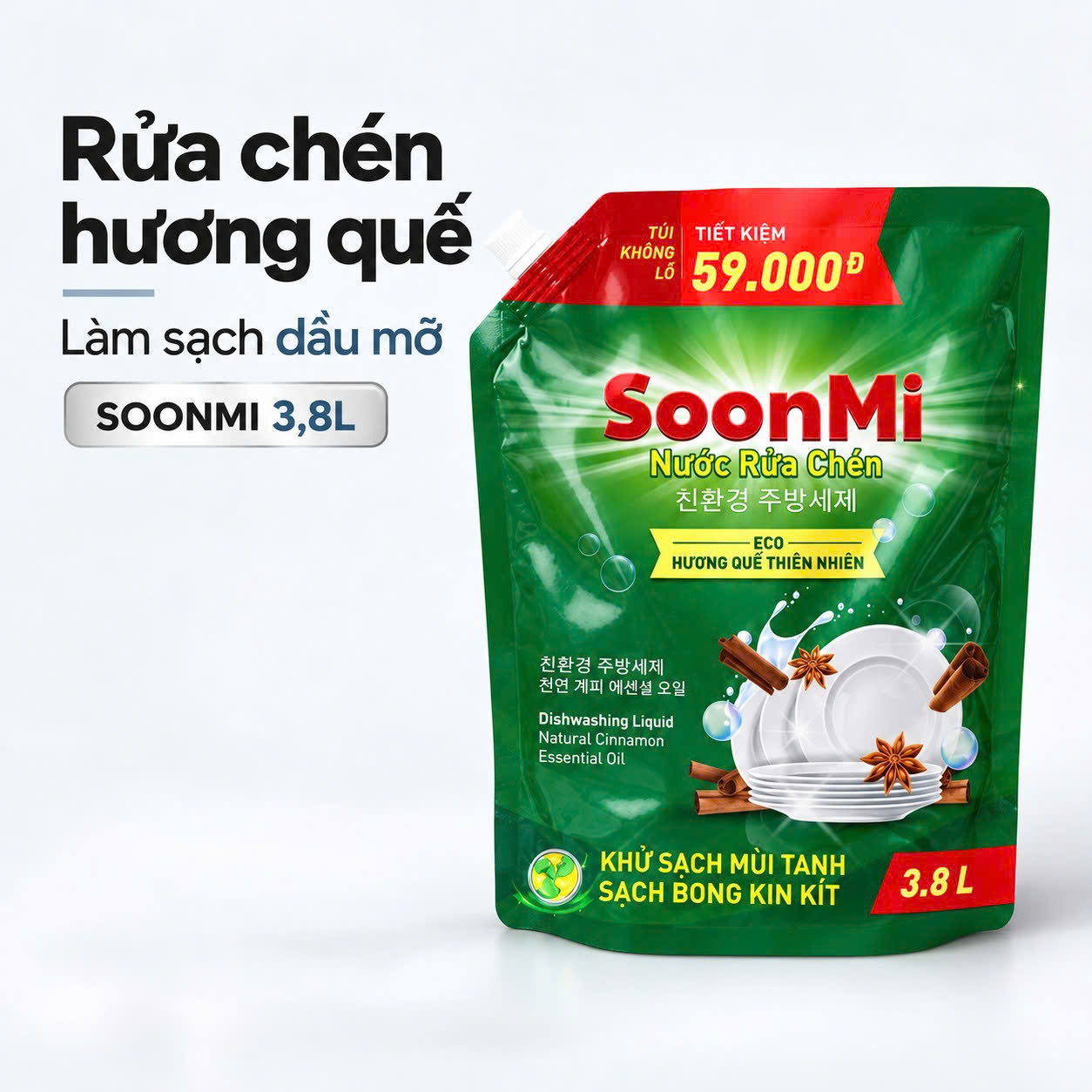 Nước Rửa Chén Soonmi Hương Quế 3.8L – Túi Lớn Đậm Đặc