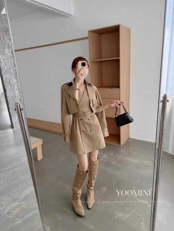 Lucas - Set váy kaki cổ đan chéo 2 hàng cúc + đai eo + áo khoác dáng lửng 1 cúc, đai tay, đai vai áo