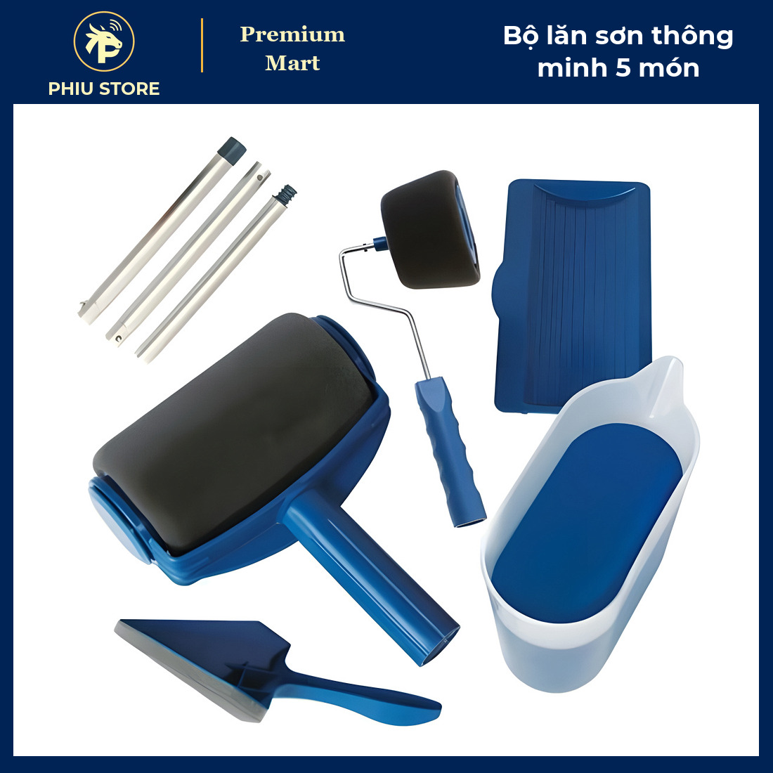 Bộ Con Lăn Sơn Tường Thông Minh 5 Món, Cán Nối Dài Inox 66 cm - Đổ Sơn Vào Lăn, Không Cần Nhúng Sơn - PHIU STORE