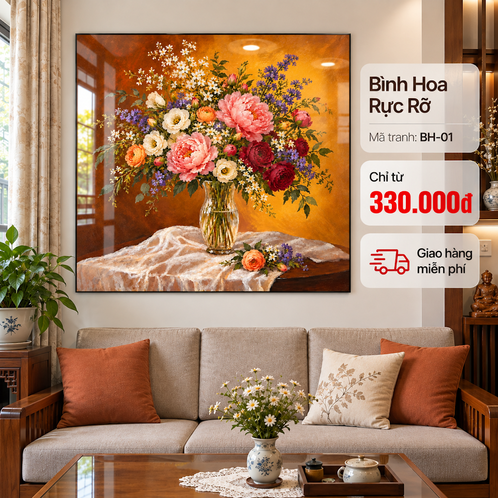 Tranh Bình Hoa Rực Rỡ – mẫu hoa mẫu đơn