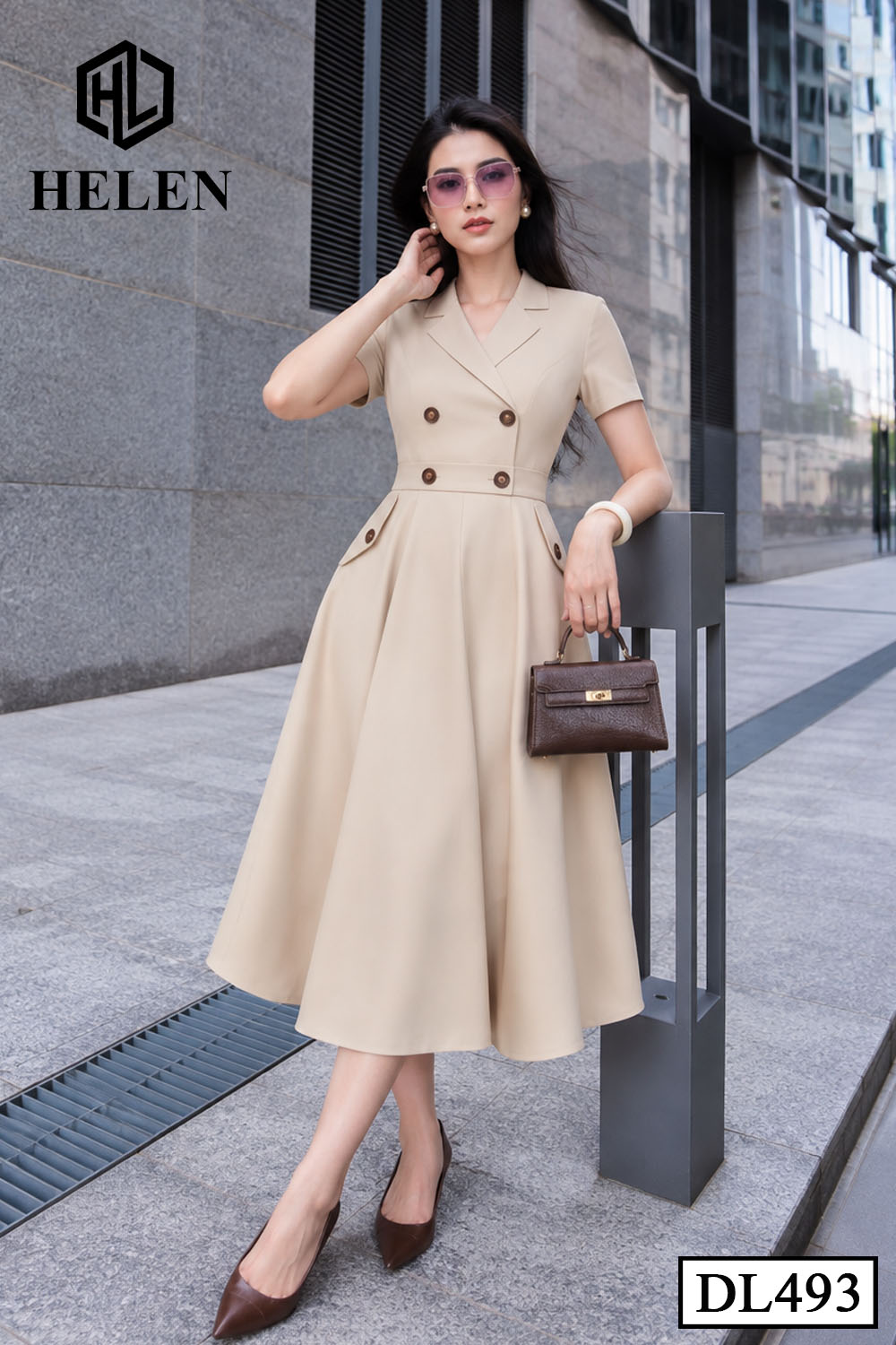Đầm xòe màu be cổ vest đính cúc ngực DL493_thumbnail_2