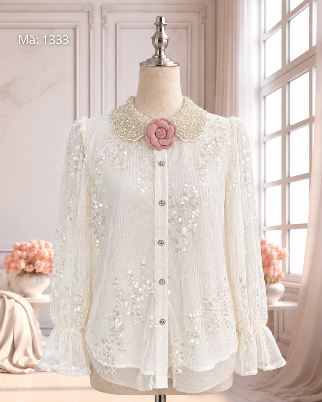Sơ Mi Kim Tuyến Cổ Cườm Tay Loe