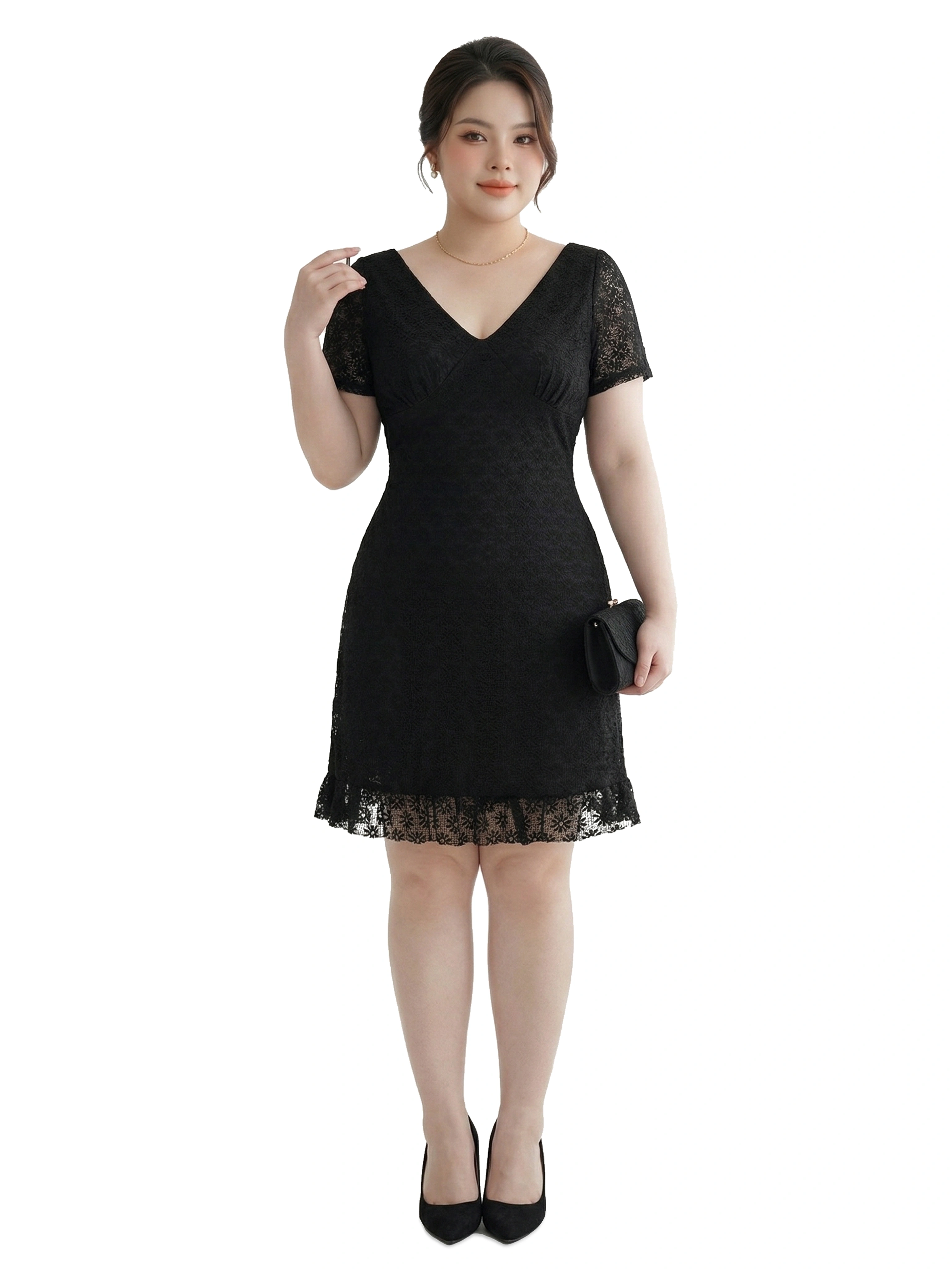 Đầm Ren Dáng A Bigsize Cổ V Tôn Eo Lót Thun Co Giãn - Đen - Vừa 55–95kg - V-DA211