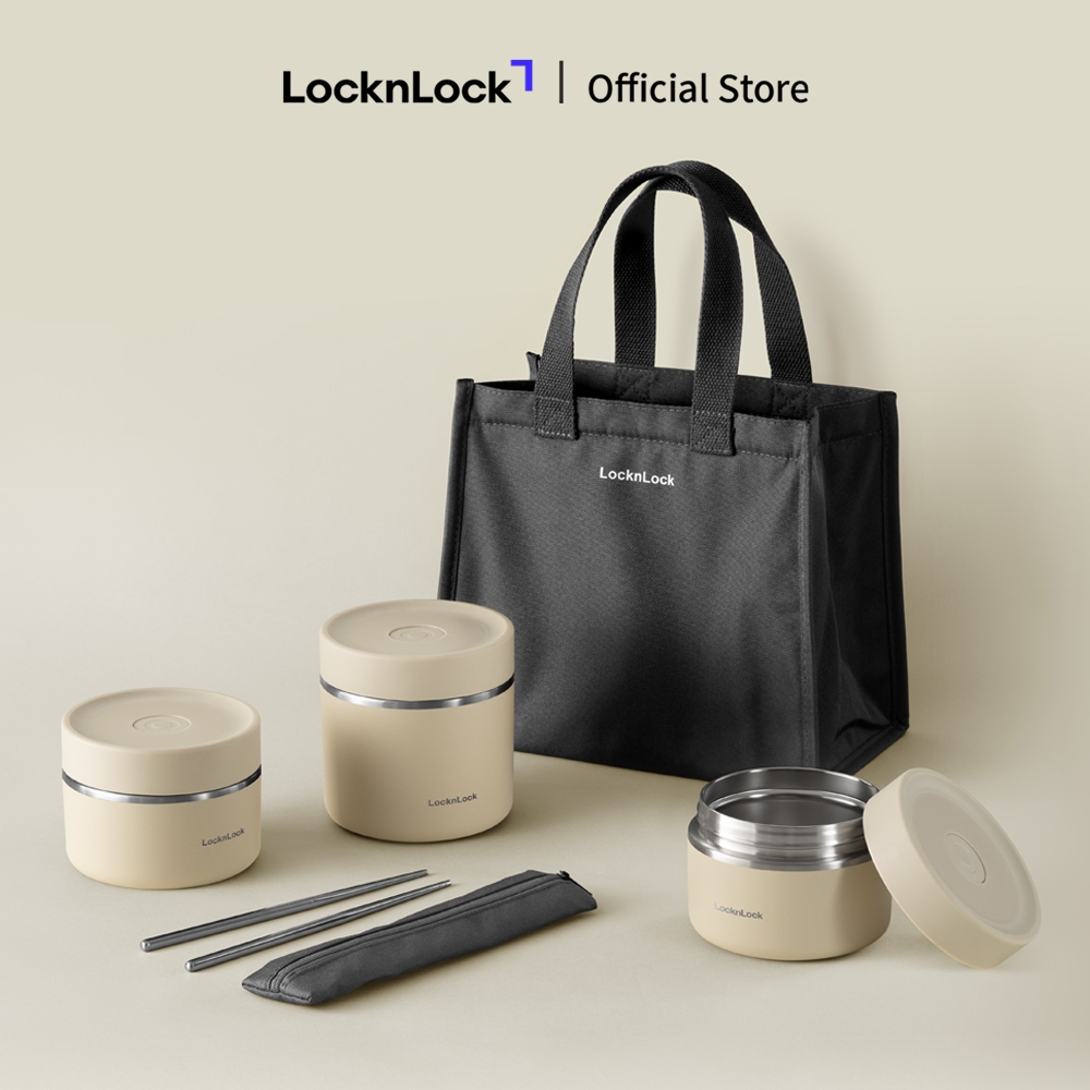 Bộ hộp cơm giữ nhiệt Lock&Lock Pump Vacuum Lunch Box (300ml*2, 500ml*1, bộ đũa và thìa, túi) LHC8052S02