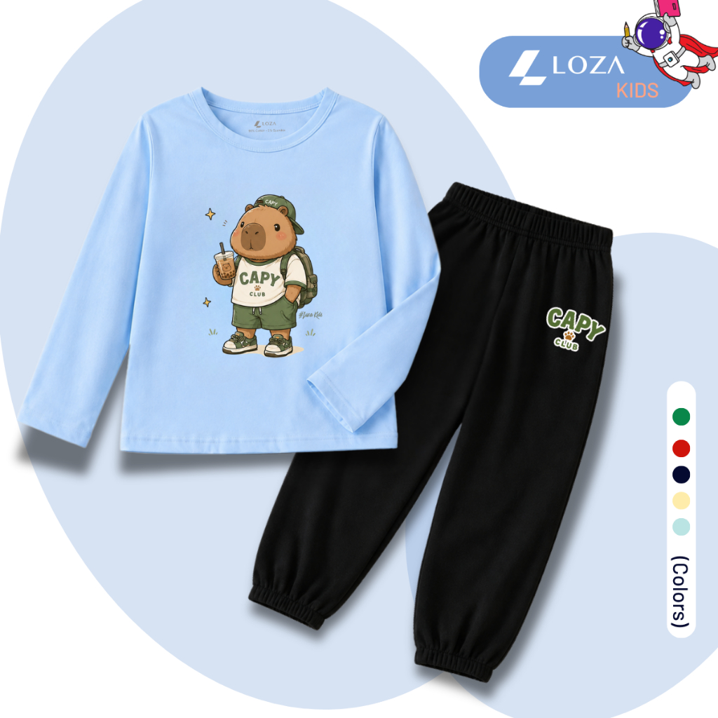 Set bộ Thu - Đông chất liệu cotton bé trai hình CAPYBARA đeo balo- Loza Kids BW719